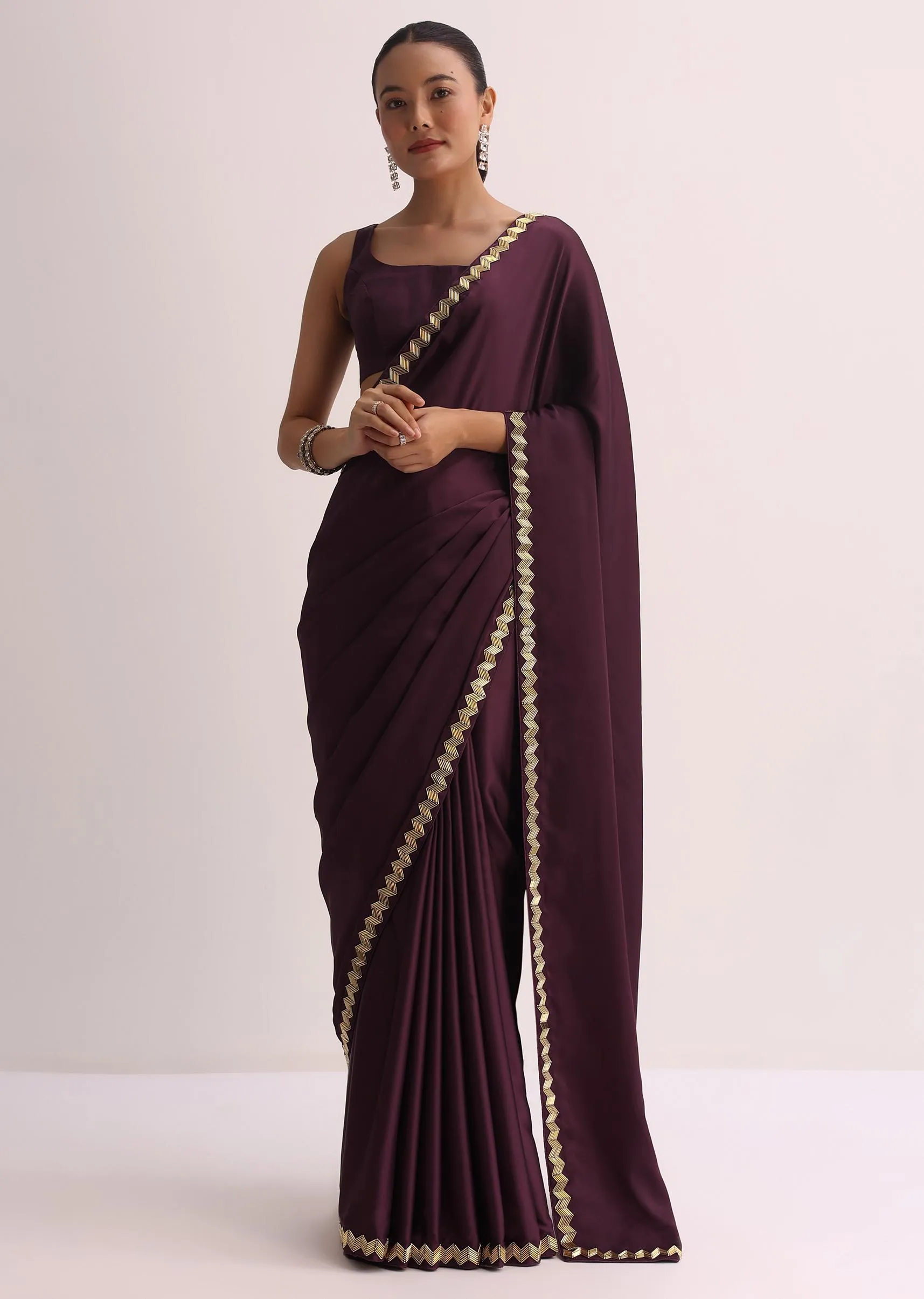 Maroon Saree With Cutdana Border And Unstitched Blouse
