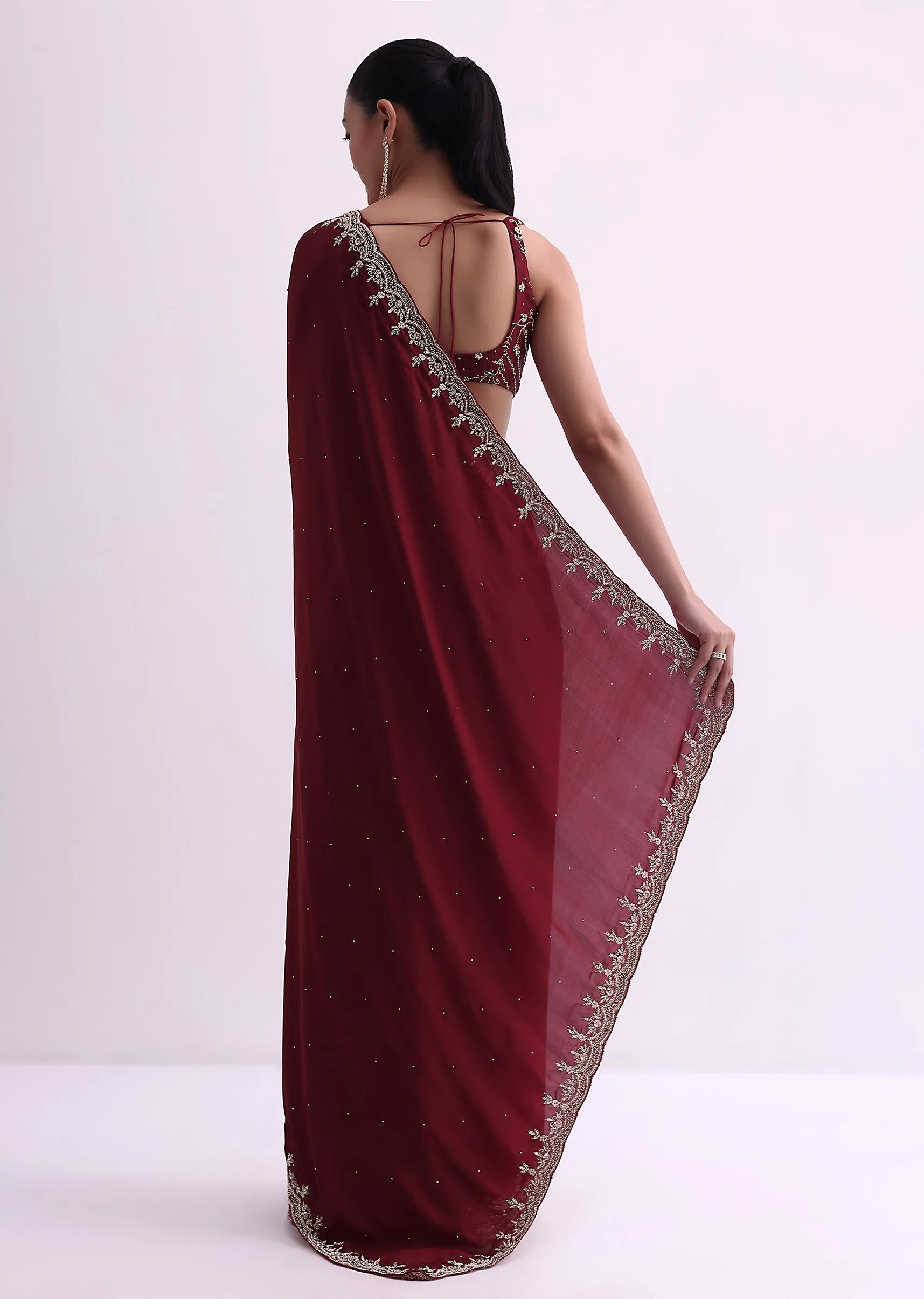 Maroon Satin Saree With Cutdana Border And Unstitched Blouse Fabric