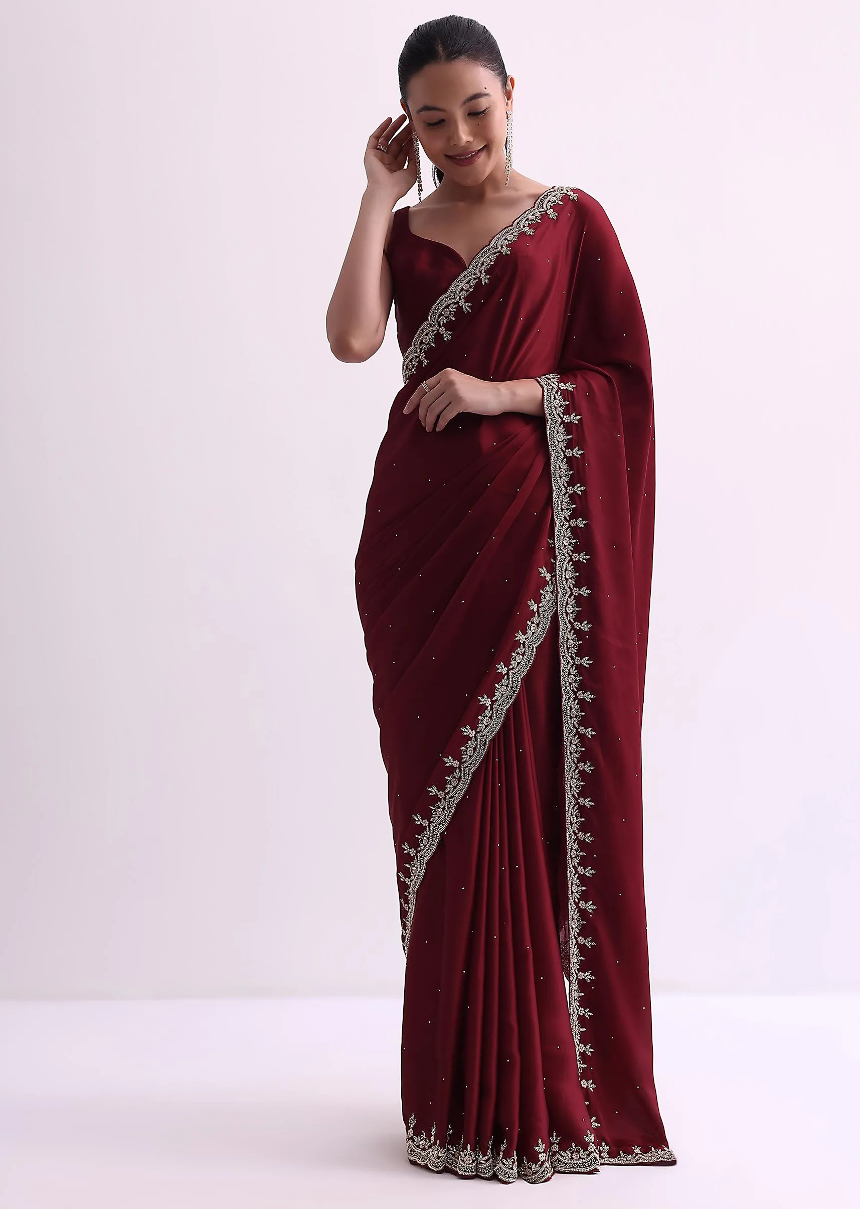 Maroon Satin Saree With Cutdana Border And Unstitched Blouse Fabric