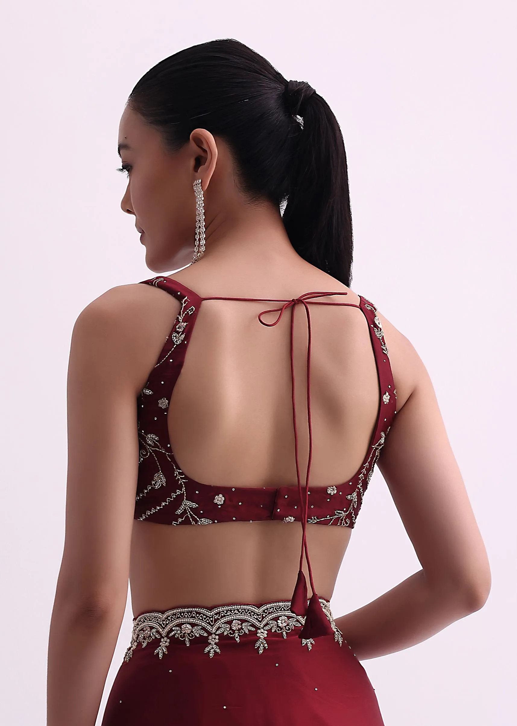 Maroon Satin Saree With Cutdana Border And Unstitched Blouse Fabric