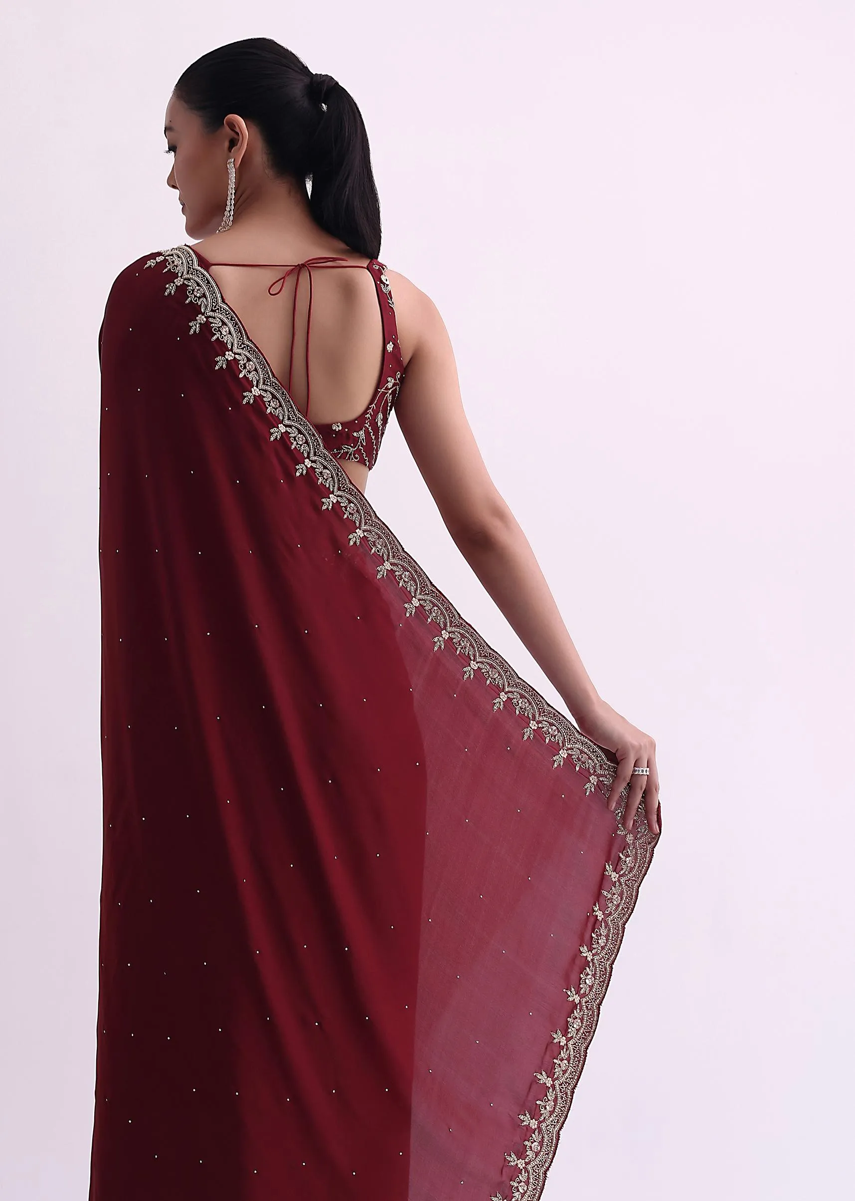 Maroon Satin Saree With Cutdana Border And Unstitched Blouse Fabric