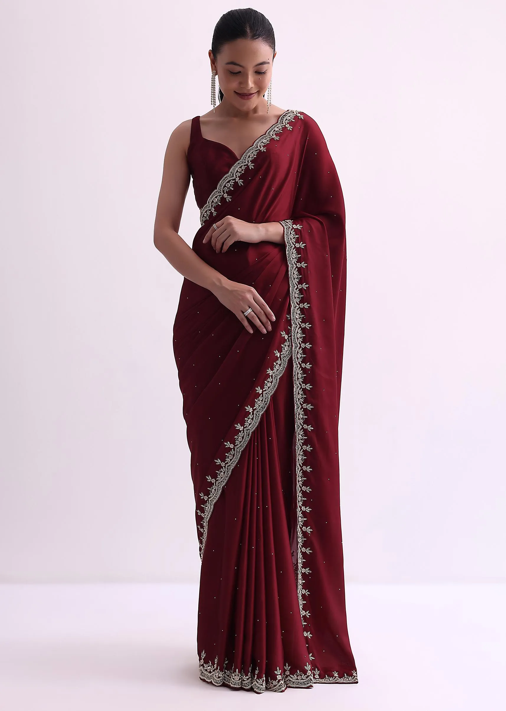 Maroon Satin Saree With Cutdana Border And Unstitched Blouse Fabric