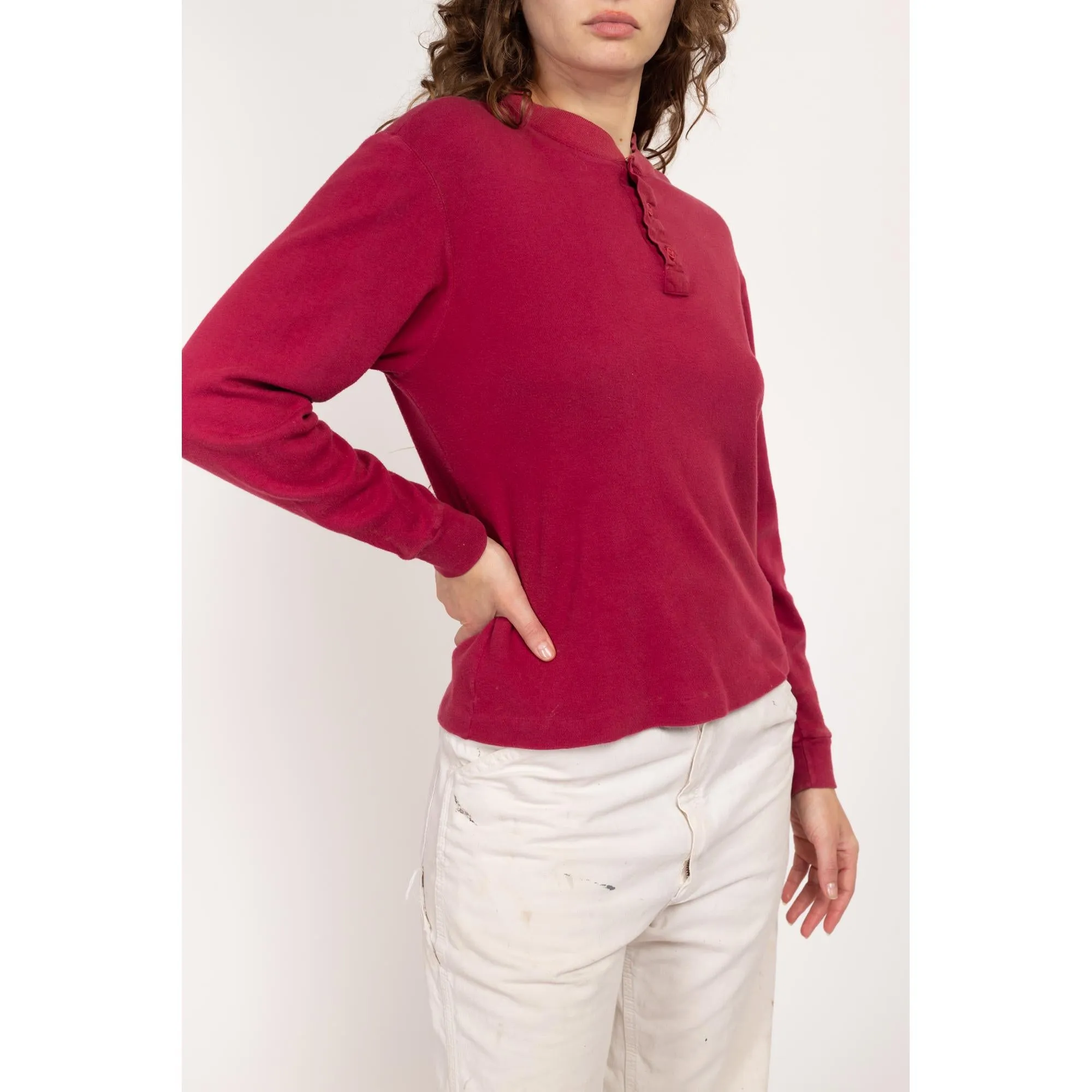 Med-Lrg 80s Wine Red Cotton Henley Shirt Unisex