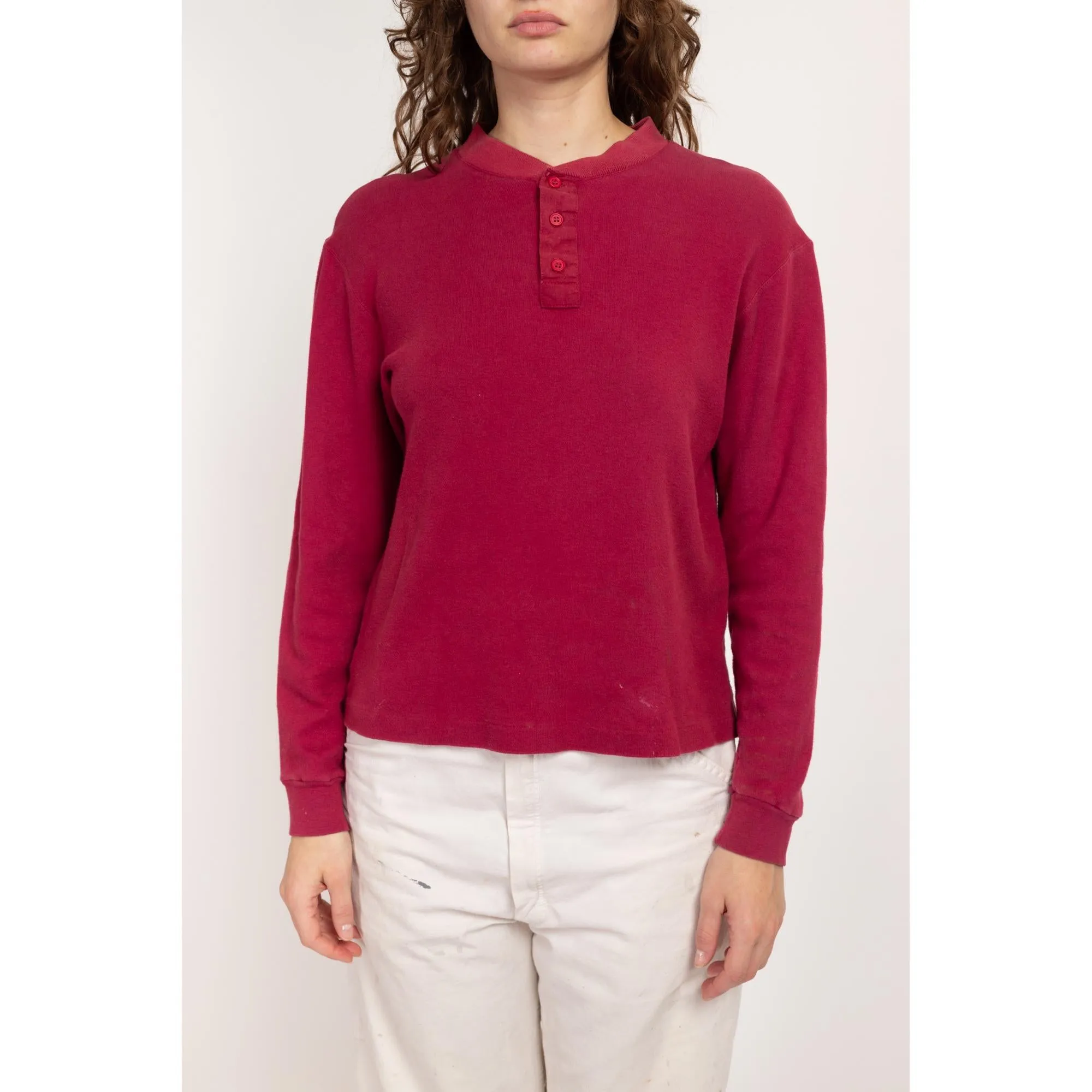Med-Lrg 80s Wine Red Cotton Henley Shirt Unisex