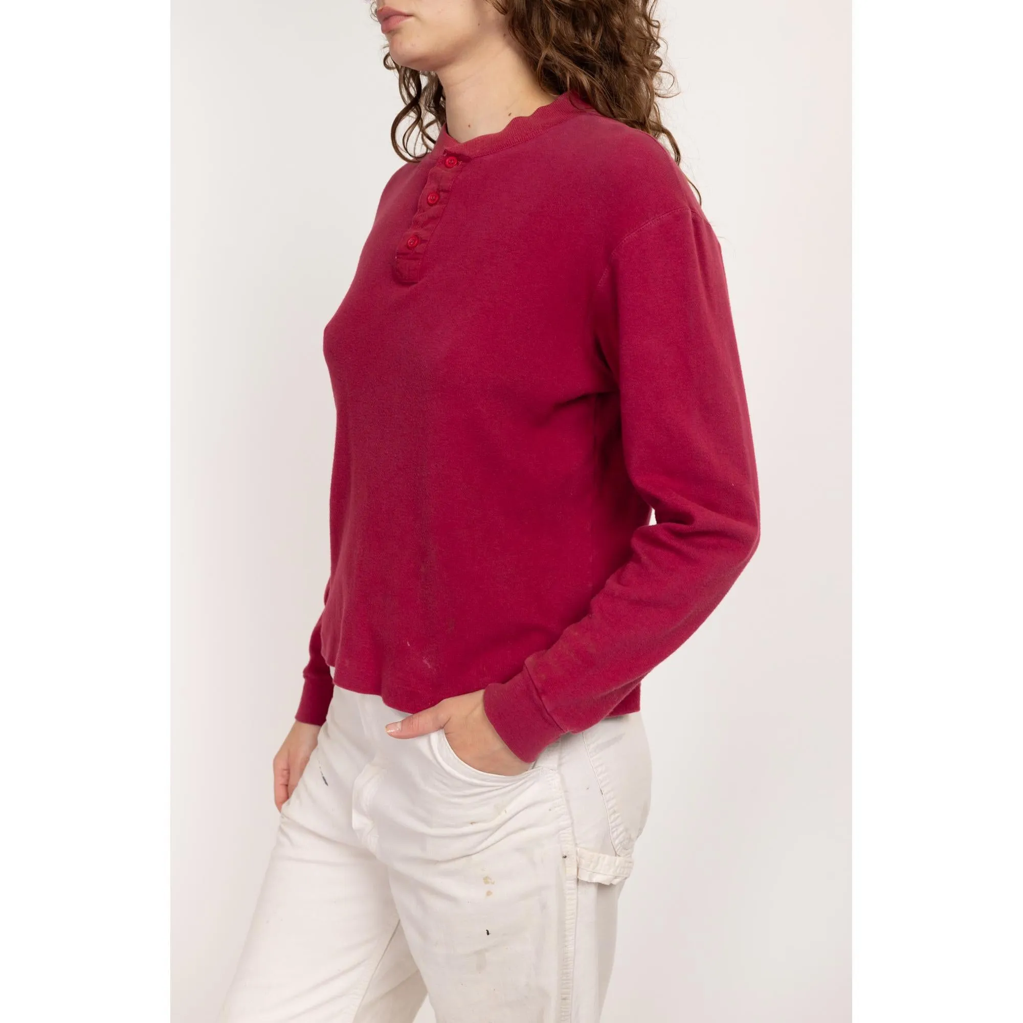Med-Lrg 80s Wine Red Cotton Henley Shirt Unisex