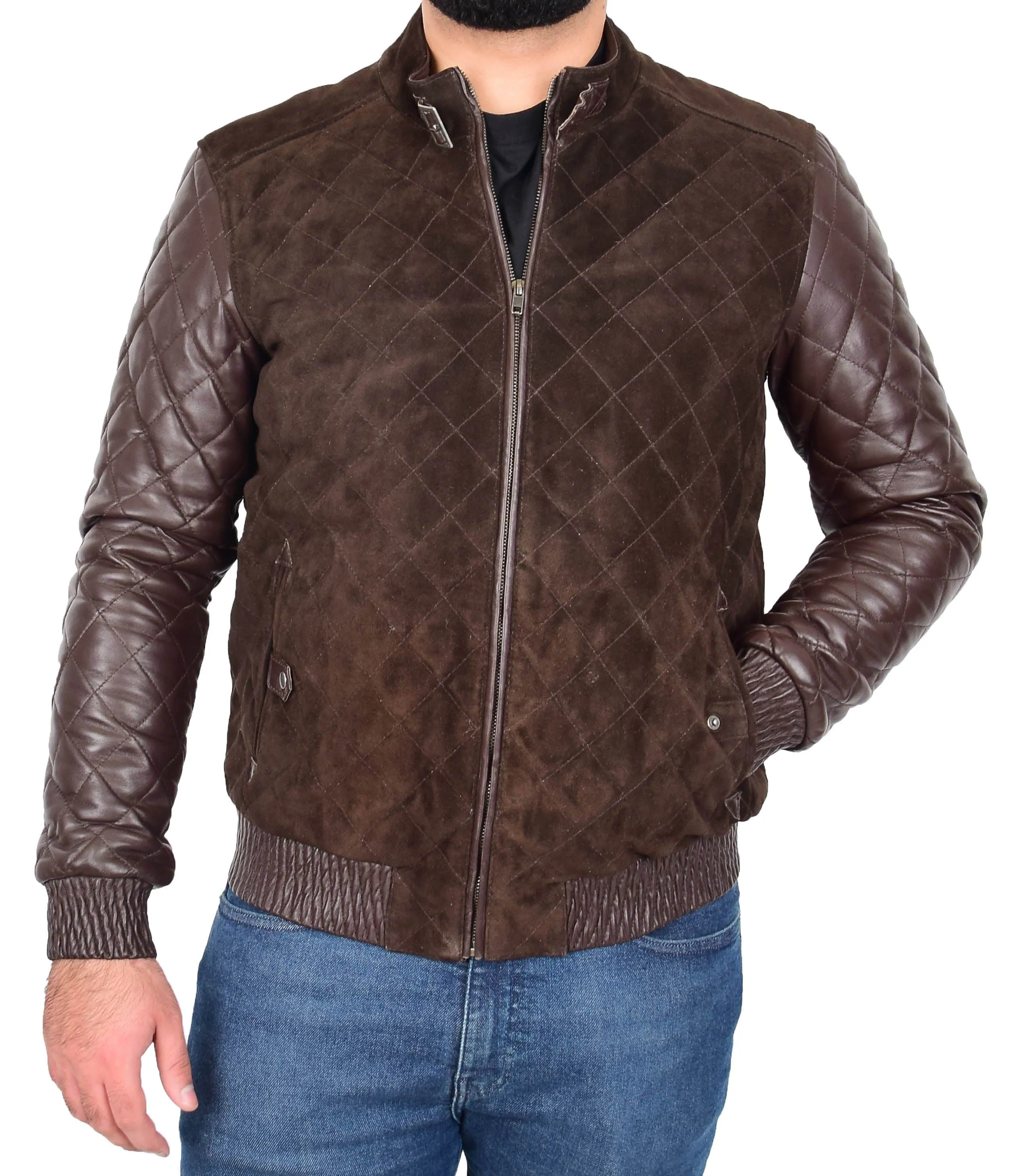 Mens Bomber Jacket Brown Suede and Leather Slim Fit Fully Quilted - Axel