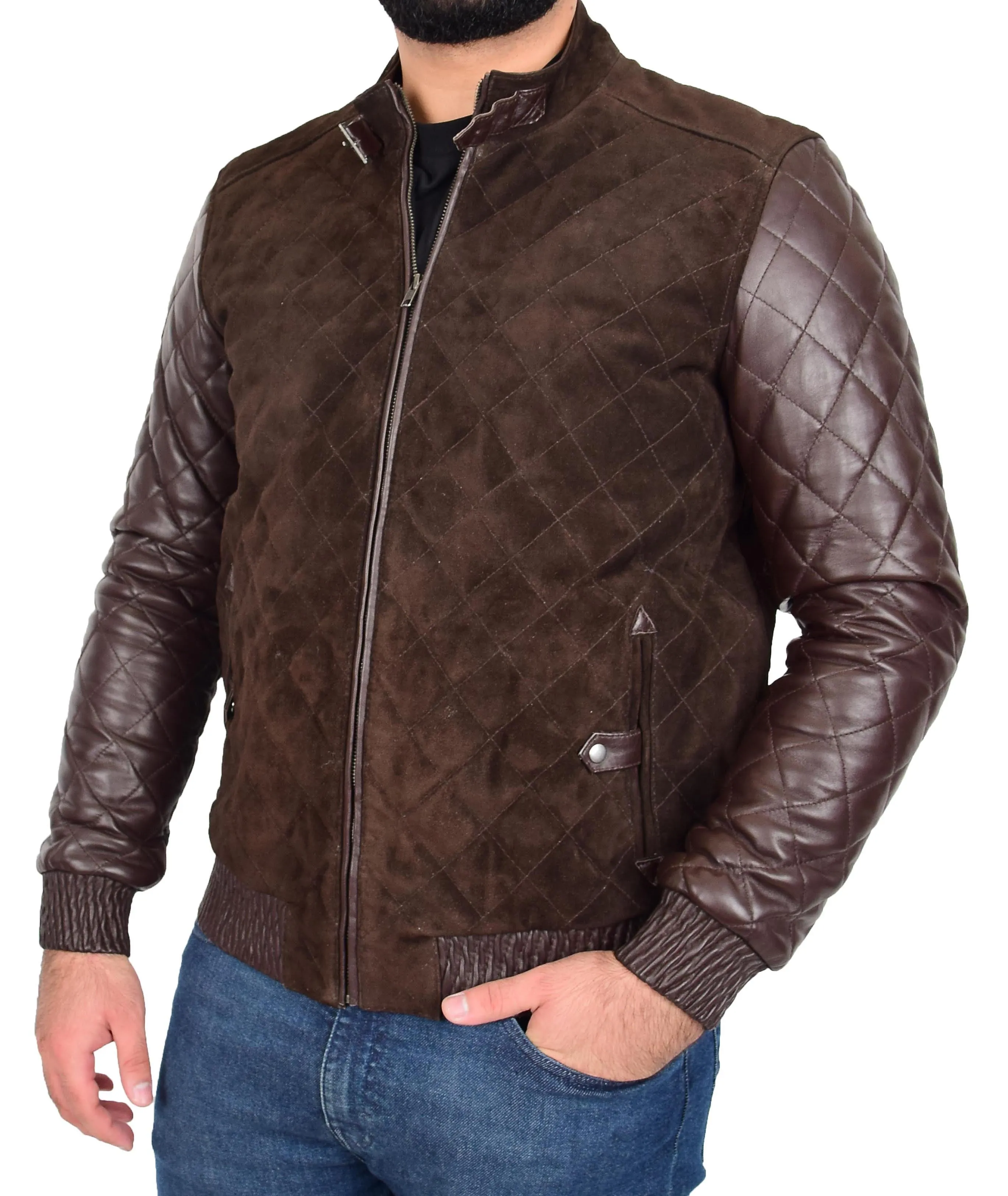 Mens Bomber Jacket Brown Suede and Leather Slim Fit Fully Quilted - Axel