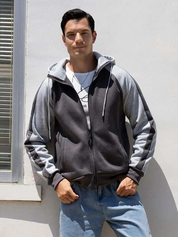 Men's casual contrasting color zipper cardigan hooded sweatshirt