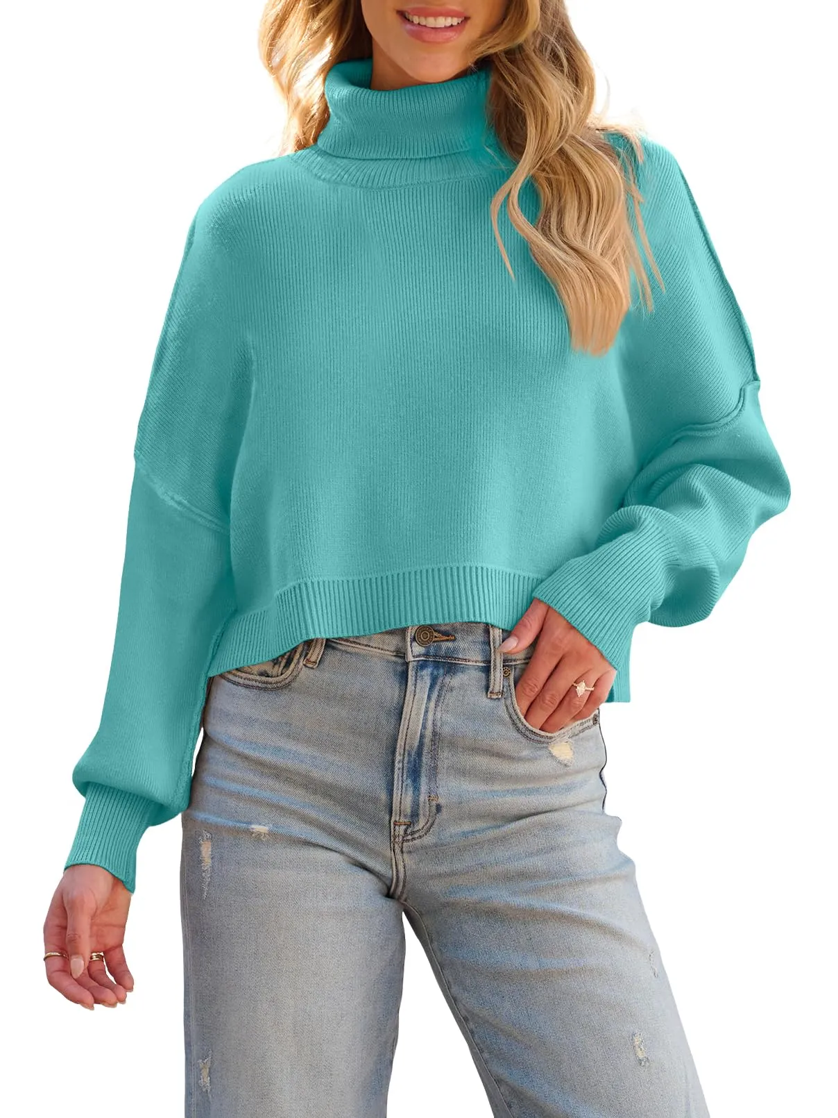 MEROKEETY Turtleneck Batwing Sleeve Oversized Cropped Sweater