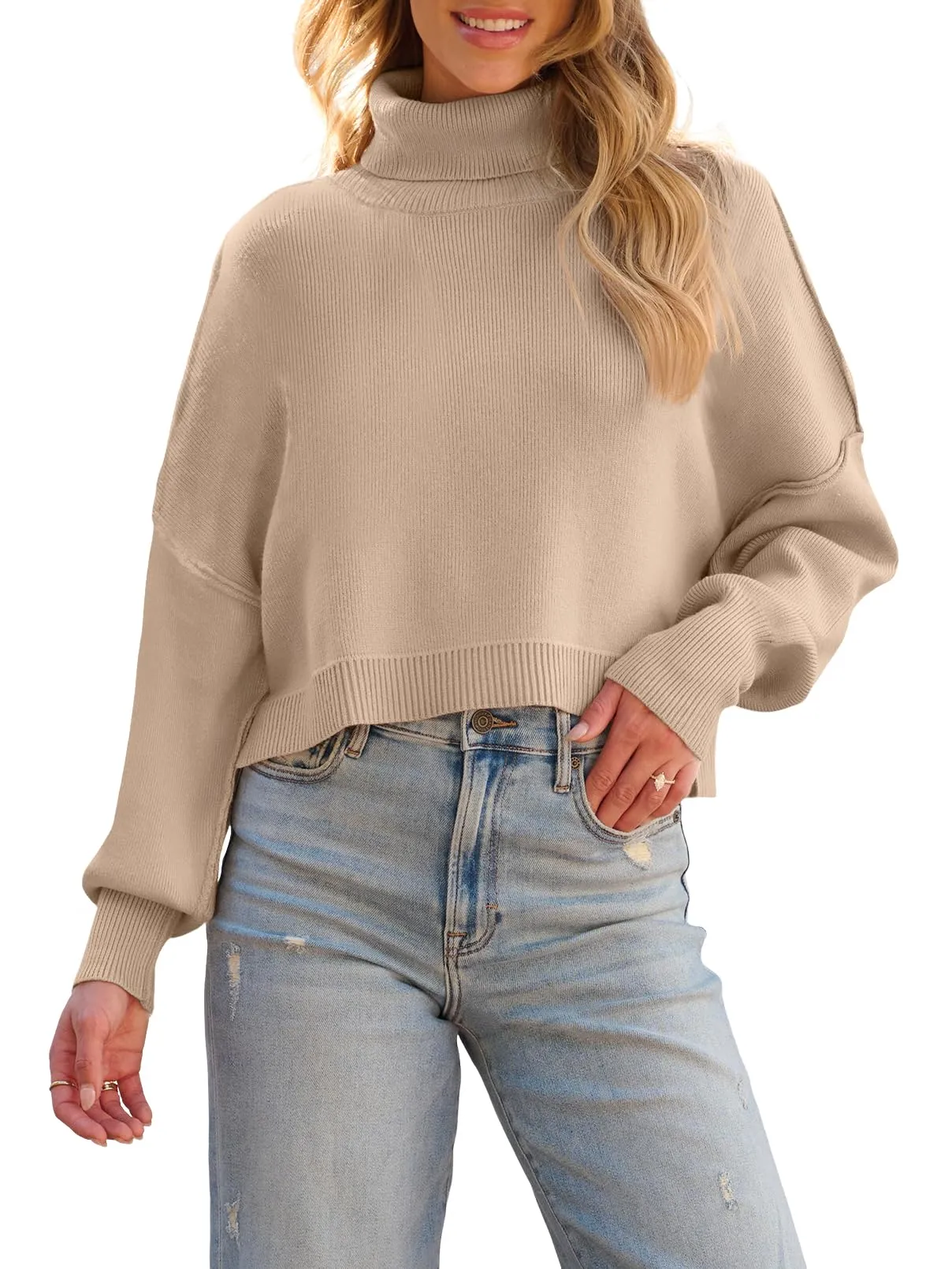 MEROKEETY Turtleneck Batwing Sleeve Oversized Cropped Sweater