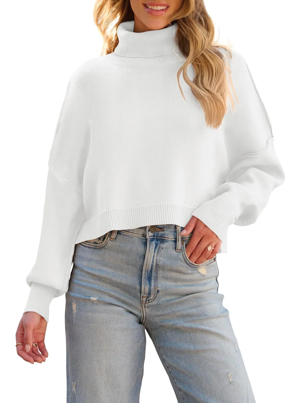 MEROKEETY Turtleneck Batwing Sleeve Oversized Cropped Sweater