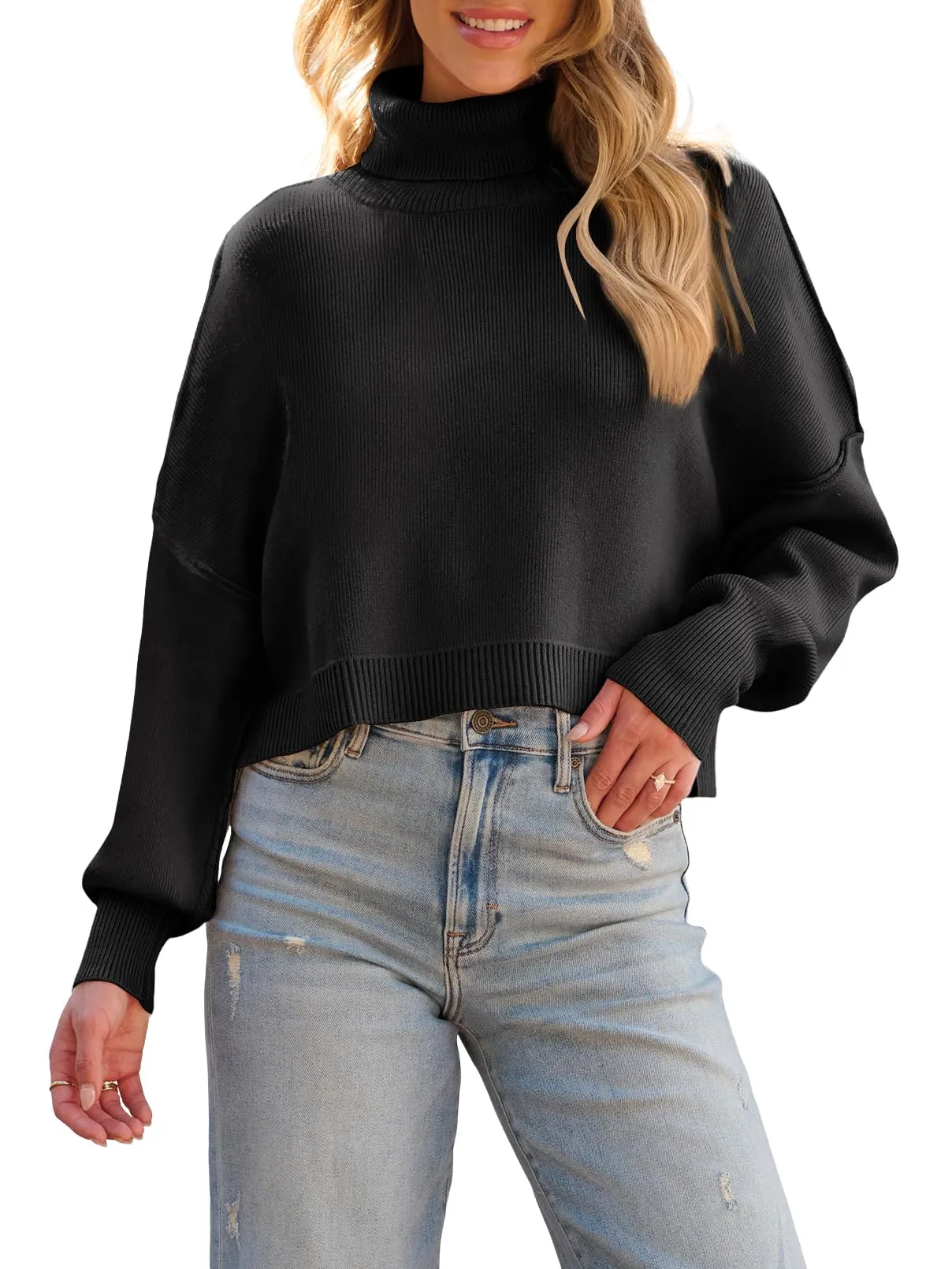 MEROKEETY Turtleneck Batwing Sleeve Oversized Cropped Sweater