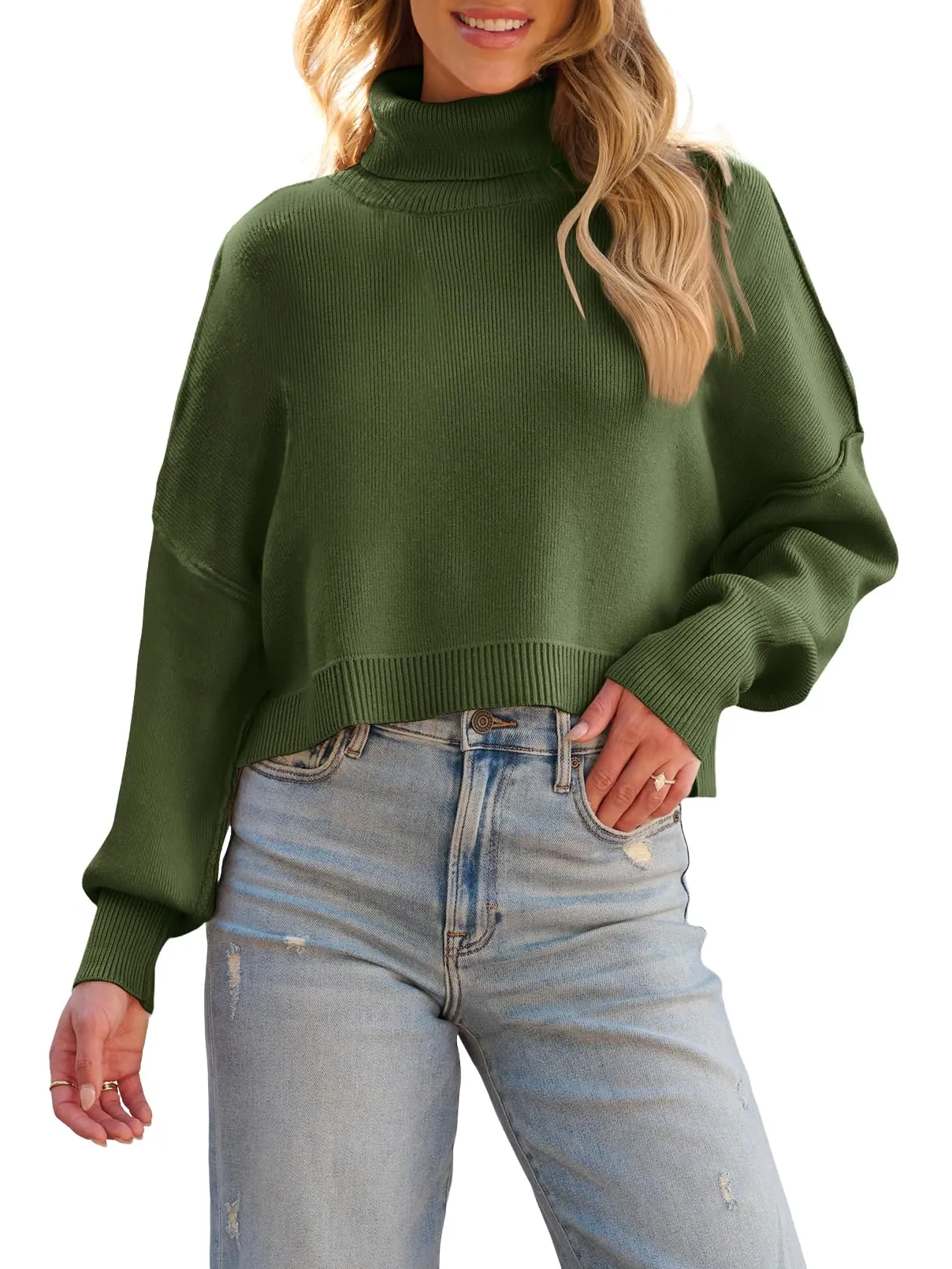 MEROKEETY Turtleneck Batwing Sleeve Oversized Cropped Sweater