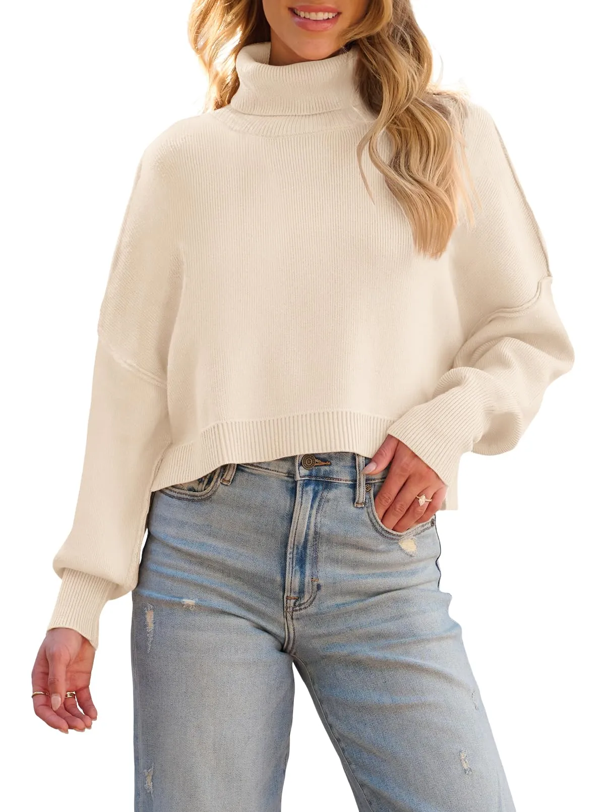 MEROKEETY Turtleneck Batwing Sleeve Oversized Cropped Sweater