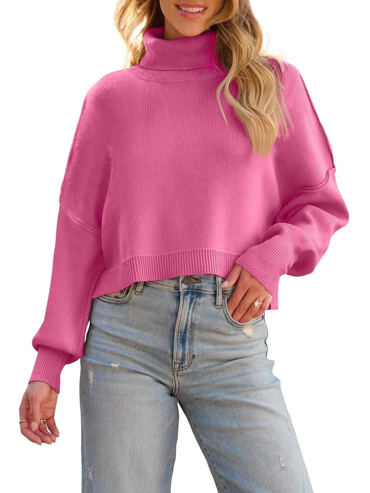 MEROKEETY Turtleneck Batwing Sleeve Oversized Cropped Sweater