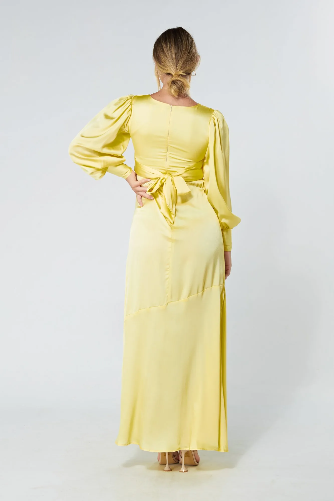 Naomi Yellow Satin-Crepe Maxi Dress With Long Sleeves