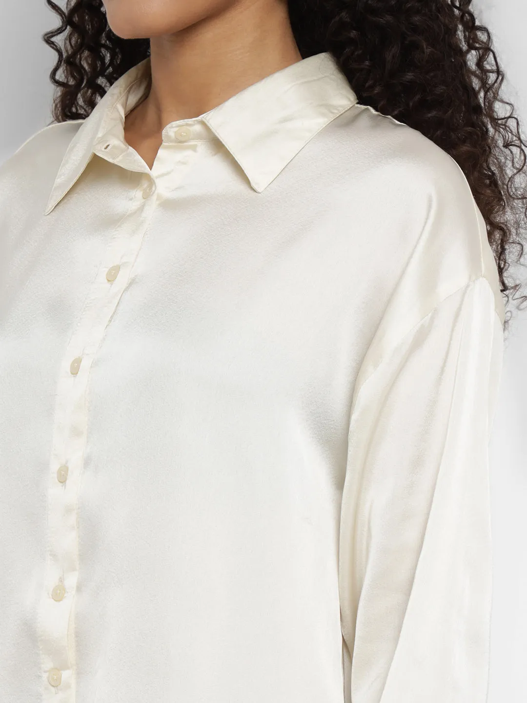 Porsorte Women’s Offwhite Satin Full Sleeves & Button-Down Collar Shirt