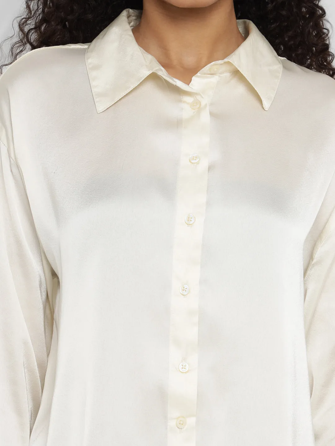 Porsorte Women’s Offwhite Satin Full Sleeves & Button-Down Collar Shirt