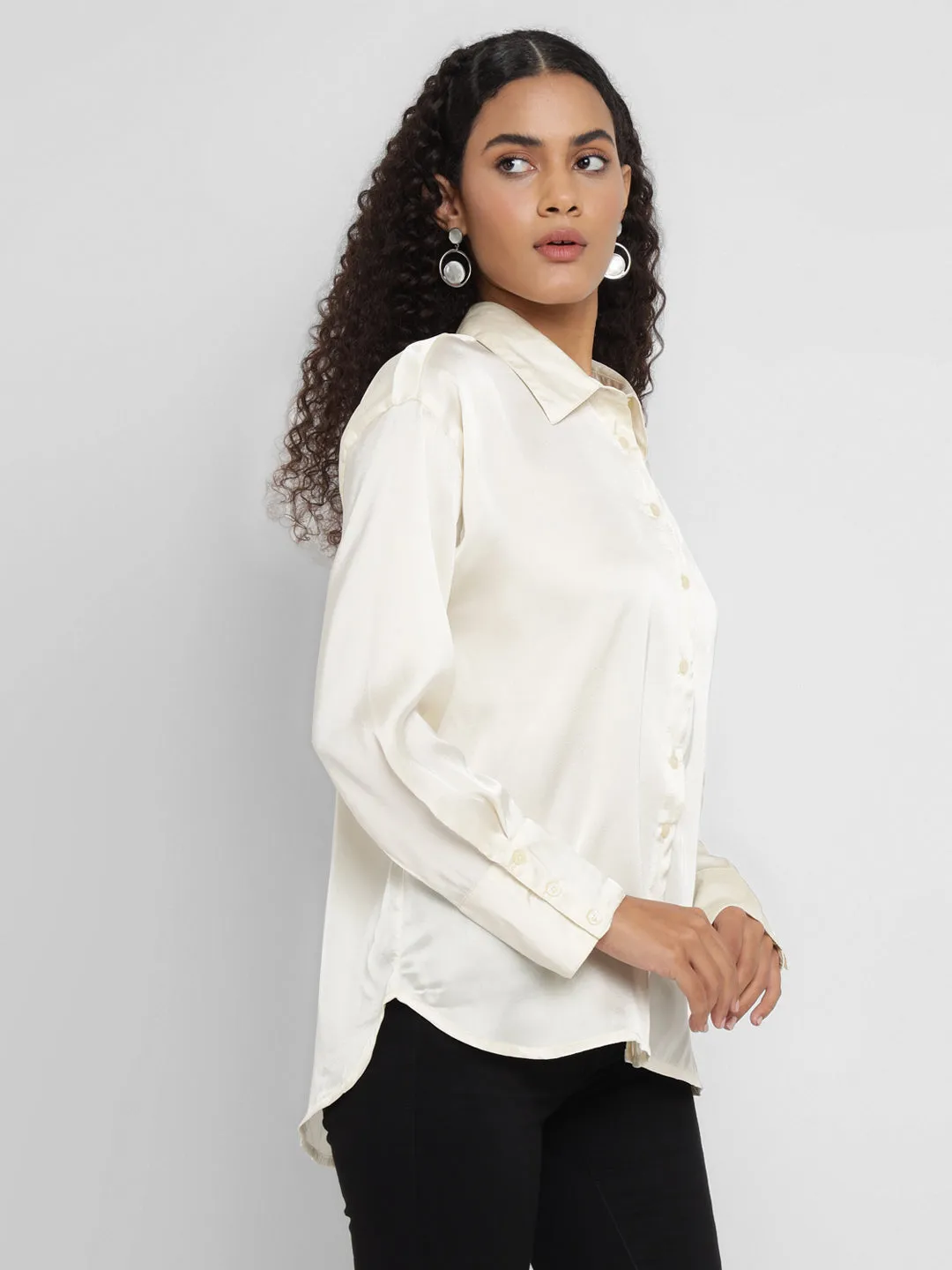 Porsorte Women’s Offwhite Satin Full Sleeves & Button-Down Collar Shirt