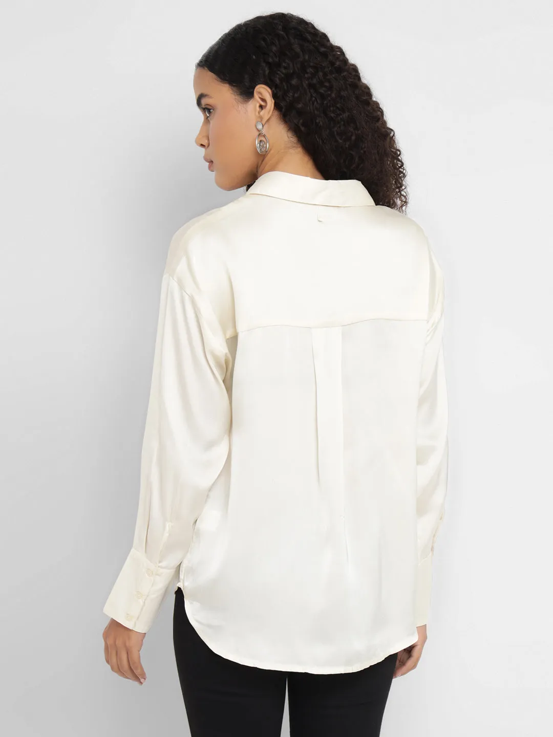 Porsorte Women’s Offwhite Satin Full Sleeves & Button-Down Collar Shirt