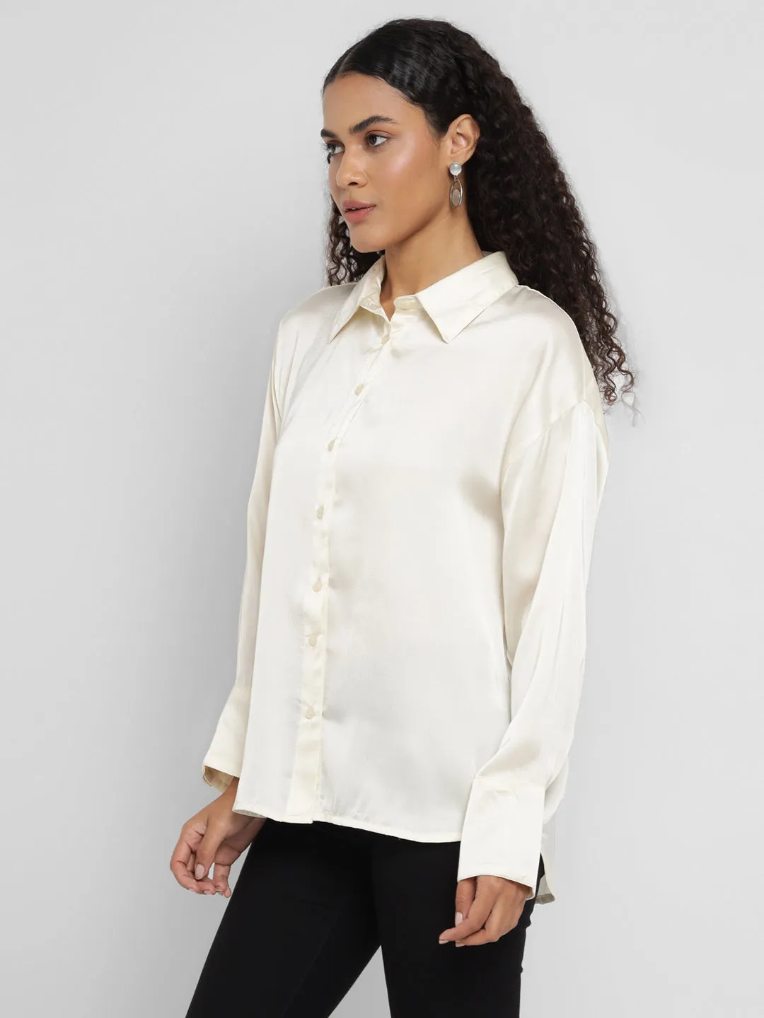 Porsorte Women’s Offwhite Satin Full Sleeves & Button-Down Collar Shirt