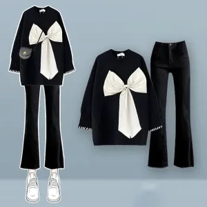 Preppy Bow Knit Sweater Denim Pants Two Piece Set