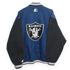 Rare Oakland Raiders Starter Denim Quilted Satin Lining Bomber Jacket (XL)