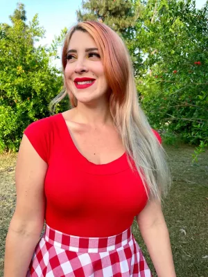 Red Retro Boat Neck Top