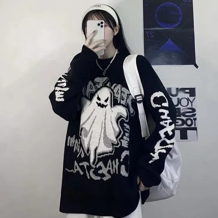 Retro Ghost Letter Print Casual Sweater - Long Sleeve