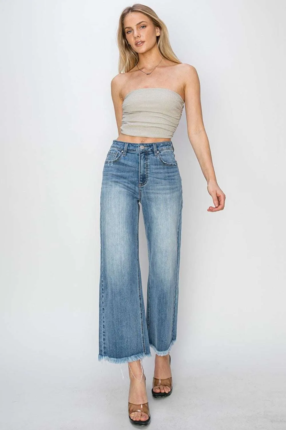 RISEN Raw Hem Cropped Wide Leg Jeans