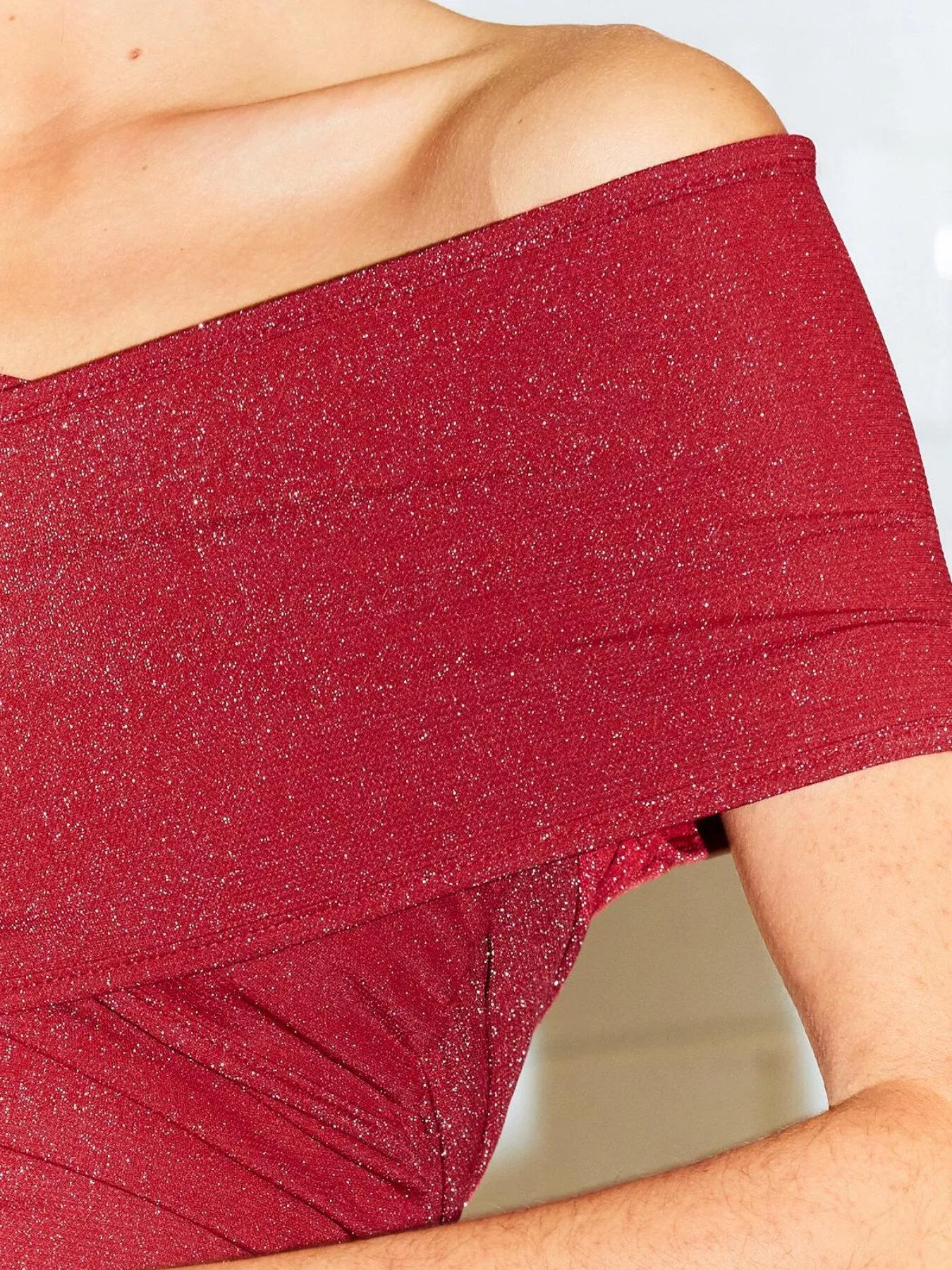 Ruched Glitter Off the Shoulder Top