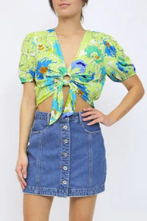 Silas Graphic Floral Printed O Ring Cropped Top In Lime Blue Multi