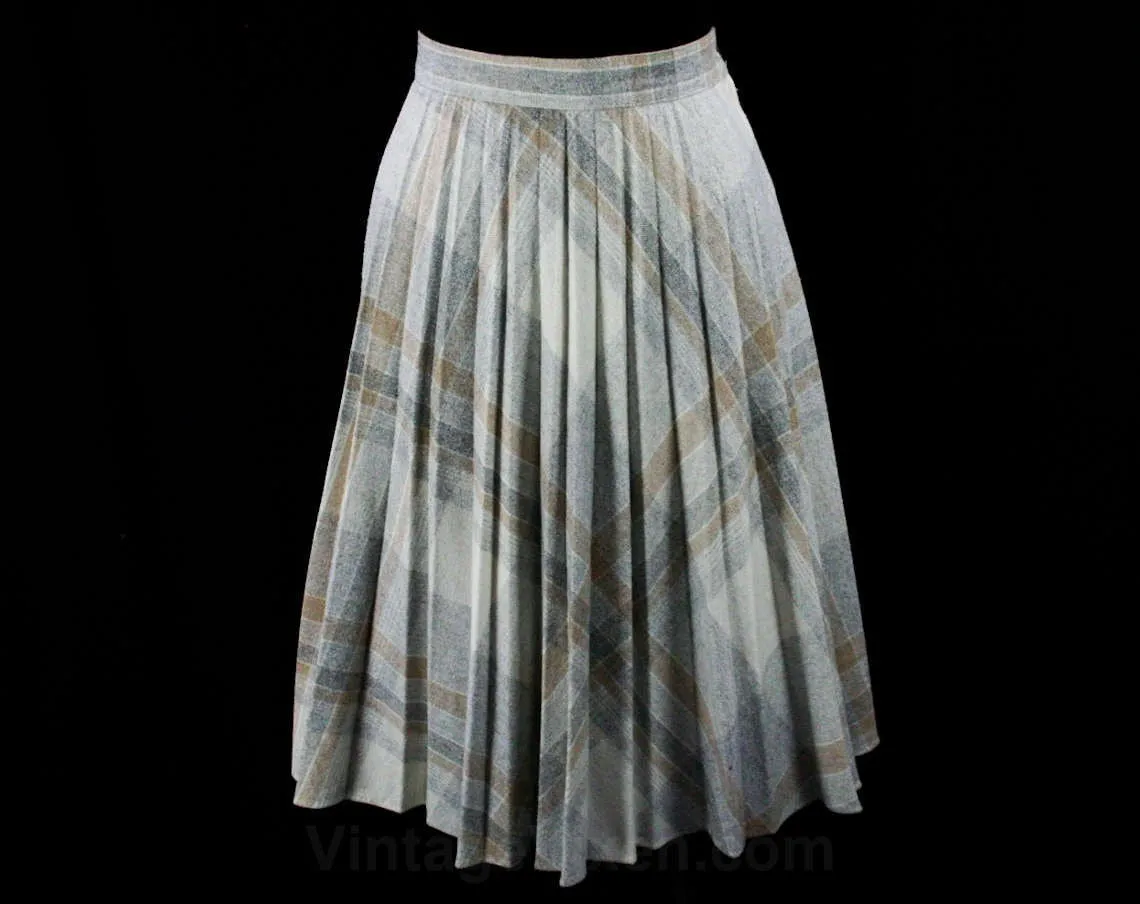 Size 4 Cute Skirt - 1970s Pale Gray & Beige Pleated Skirt - Pleats - Small Neutral Wool Blend School Girl Fall Skirt - Waist 25 - 42858
