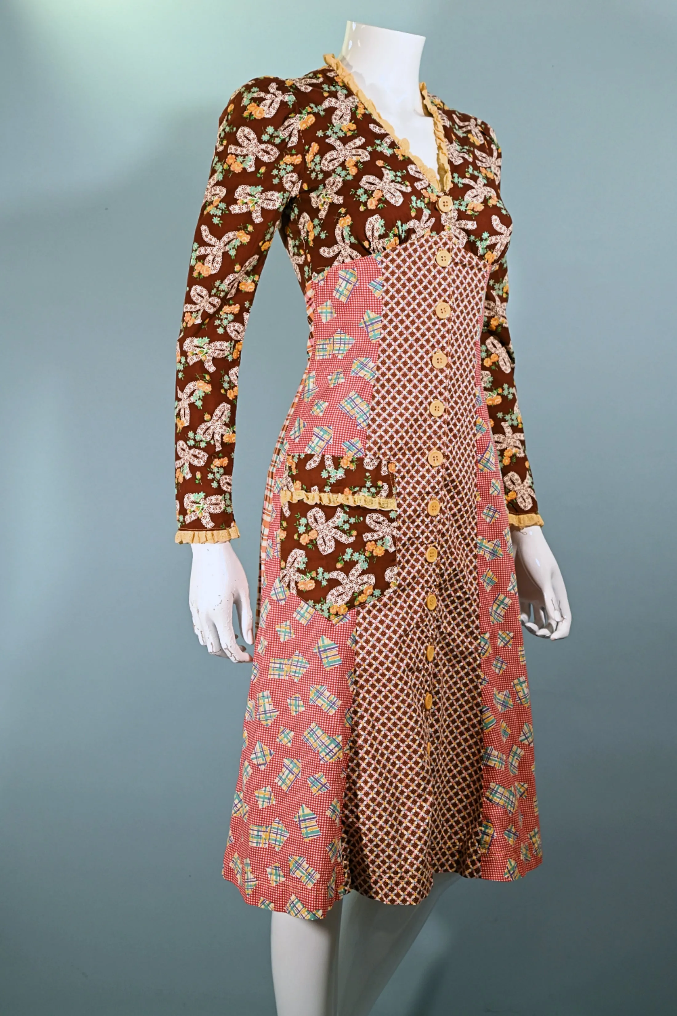 SOLD RARE 70s Betsey Johnson Alley Cat Dress, Whimsical Patchwork Midi XS