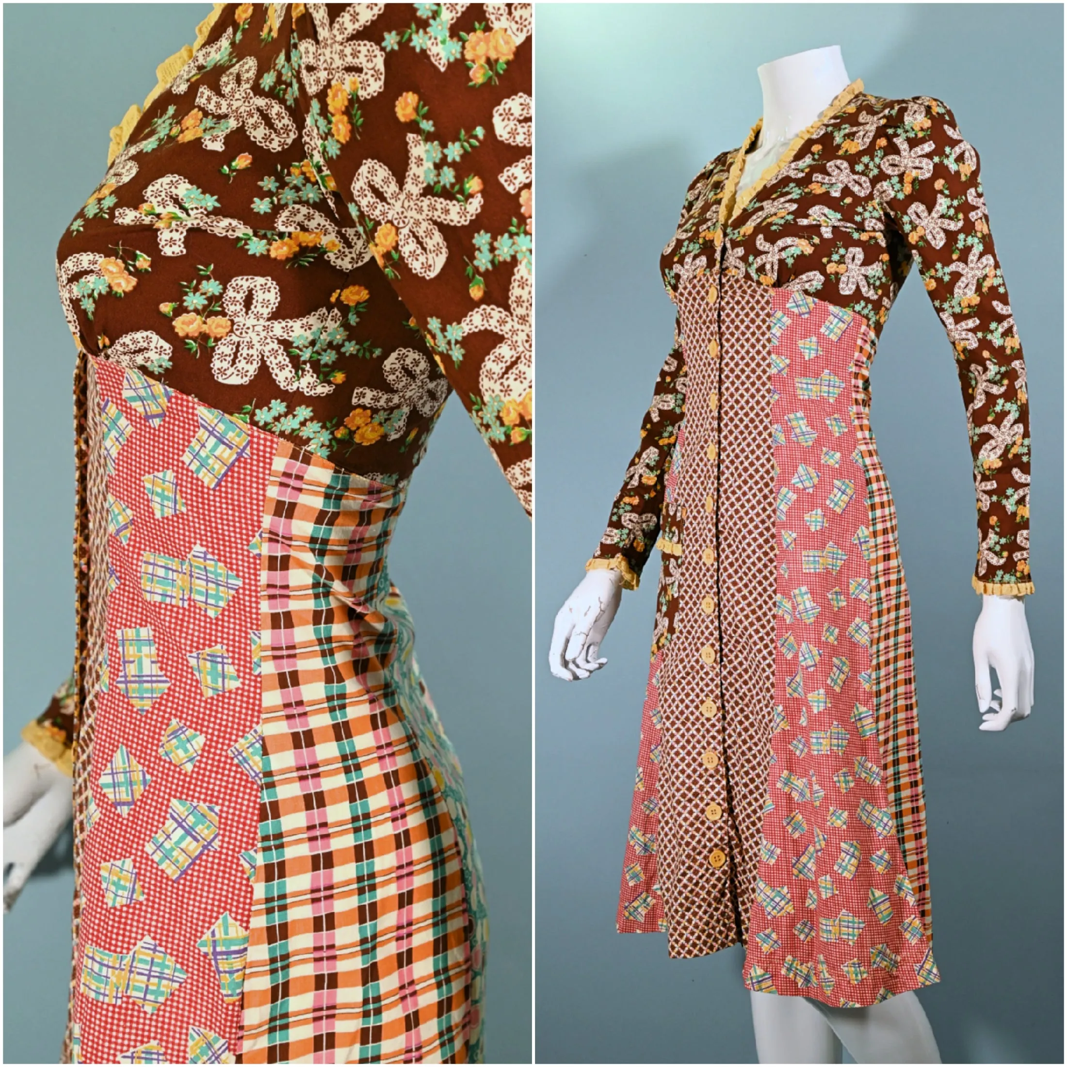 SOLD RARE 70s Betsey Johnson Alley Cat Dress, Whimsical Patchwork Midi XS