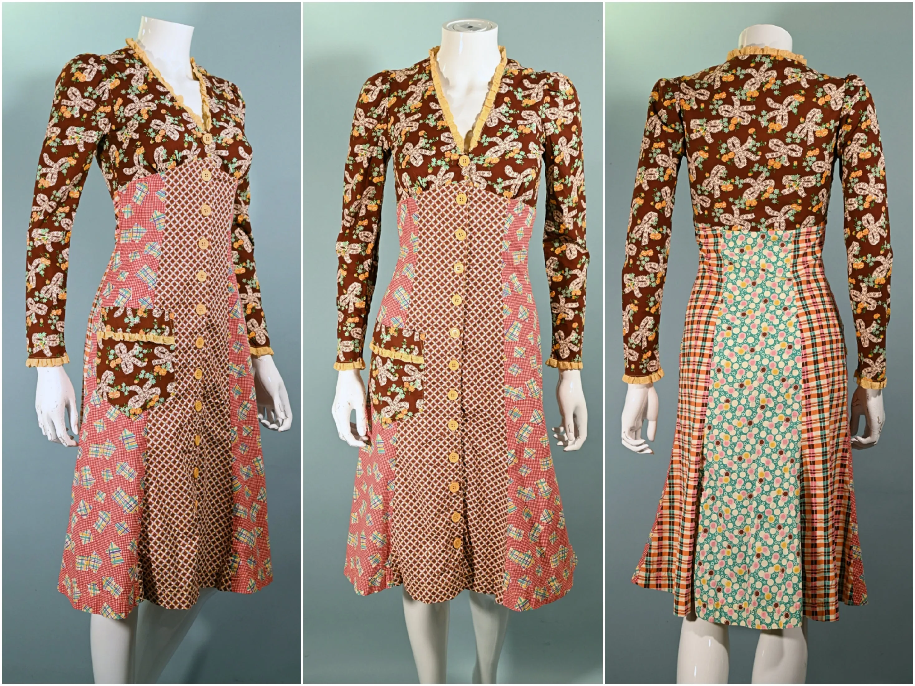 SOLD RARE 70s Betsey Johnson Alley Cat Dress, Whimsical Patchwork Midi XS