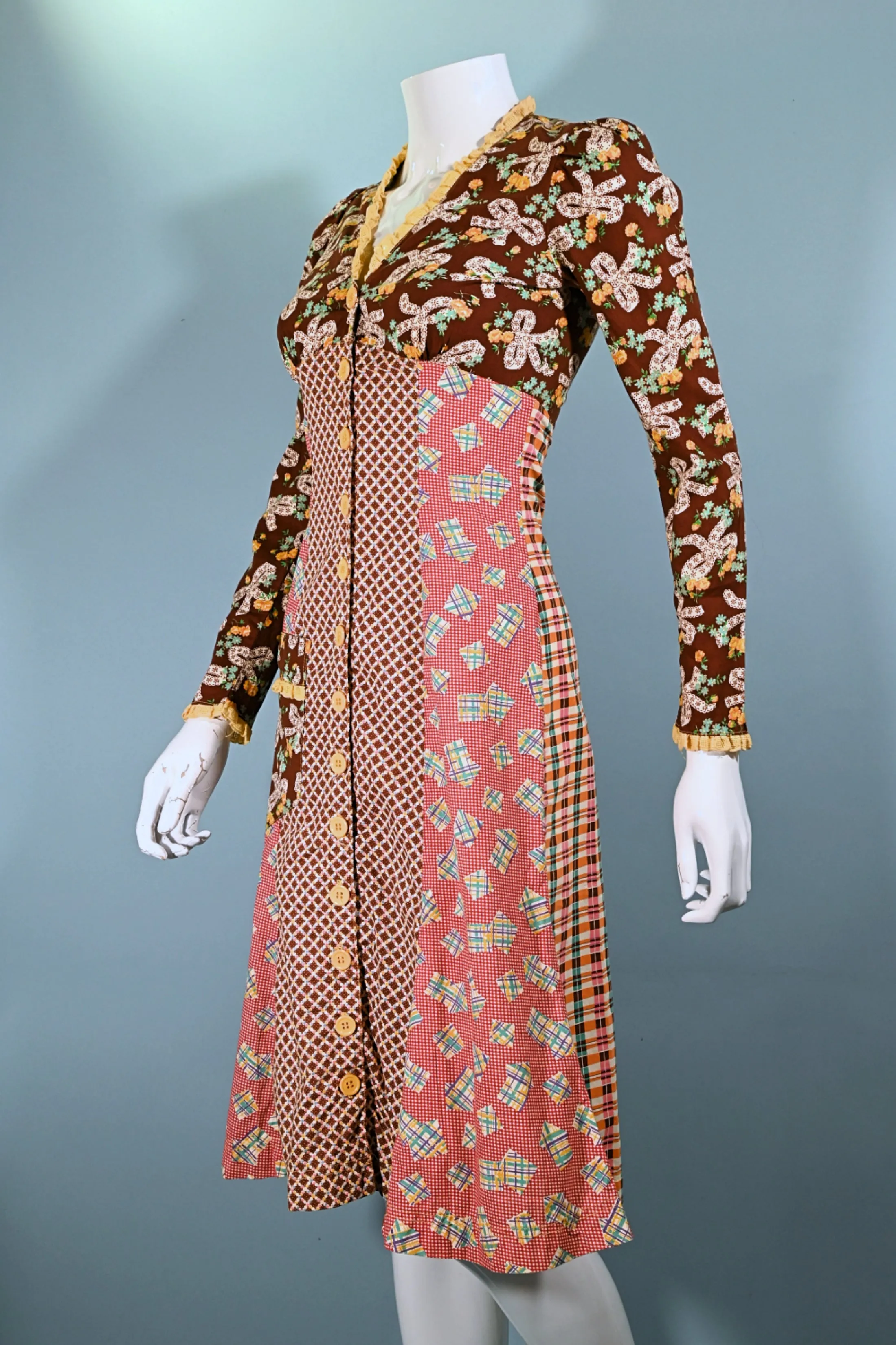 SOLD RARE 70s Betsey Johnson Alley Cat Dress, Whimsical Patchwork Midi XS