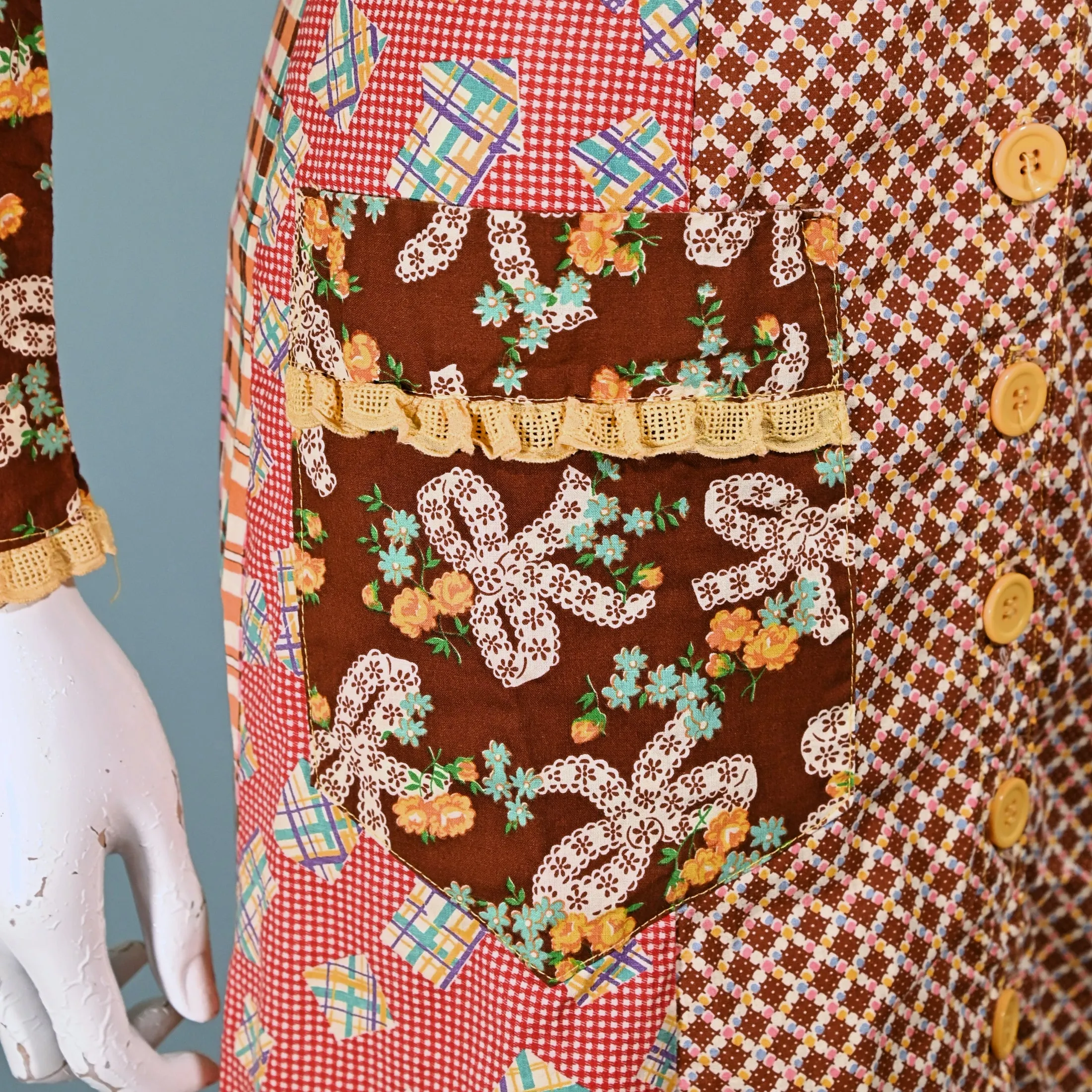 SOLD RARE 70s Betsey Johnson Alley Cat Dress, Whimsical Patchwork Midi XS