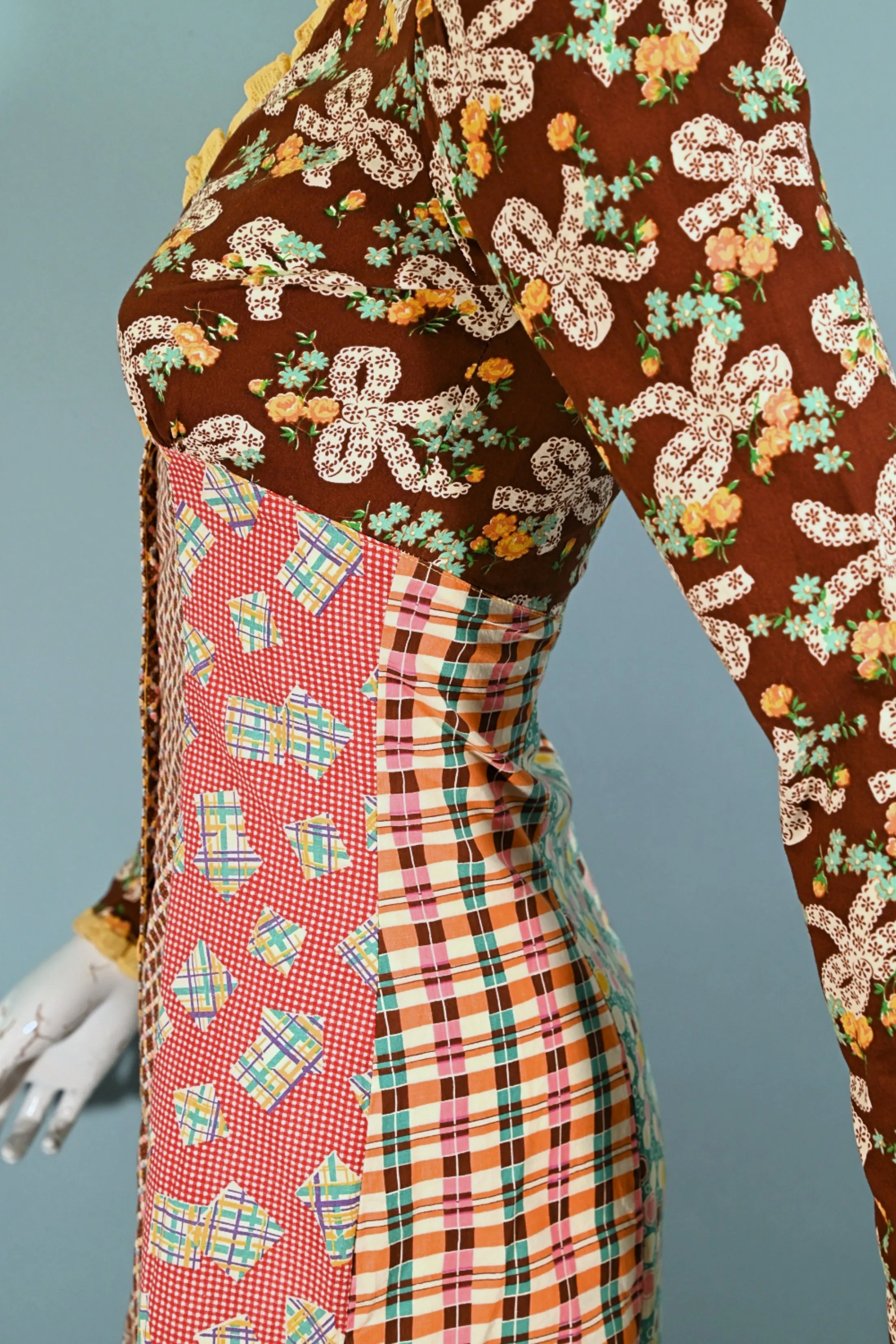 SOLD RARE 70s Betsey Johnson Alley Cat Dress, Whimsical Patchwork Midi XS