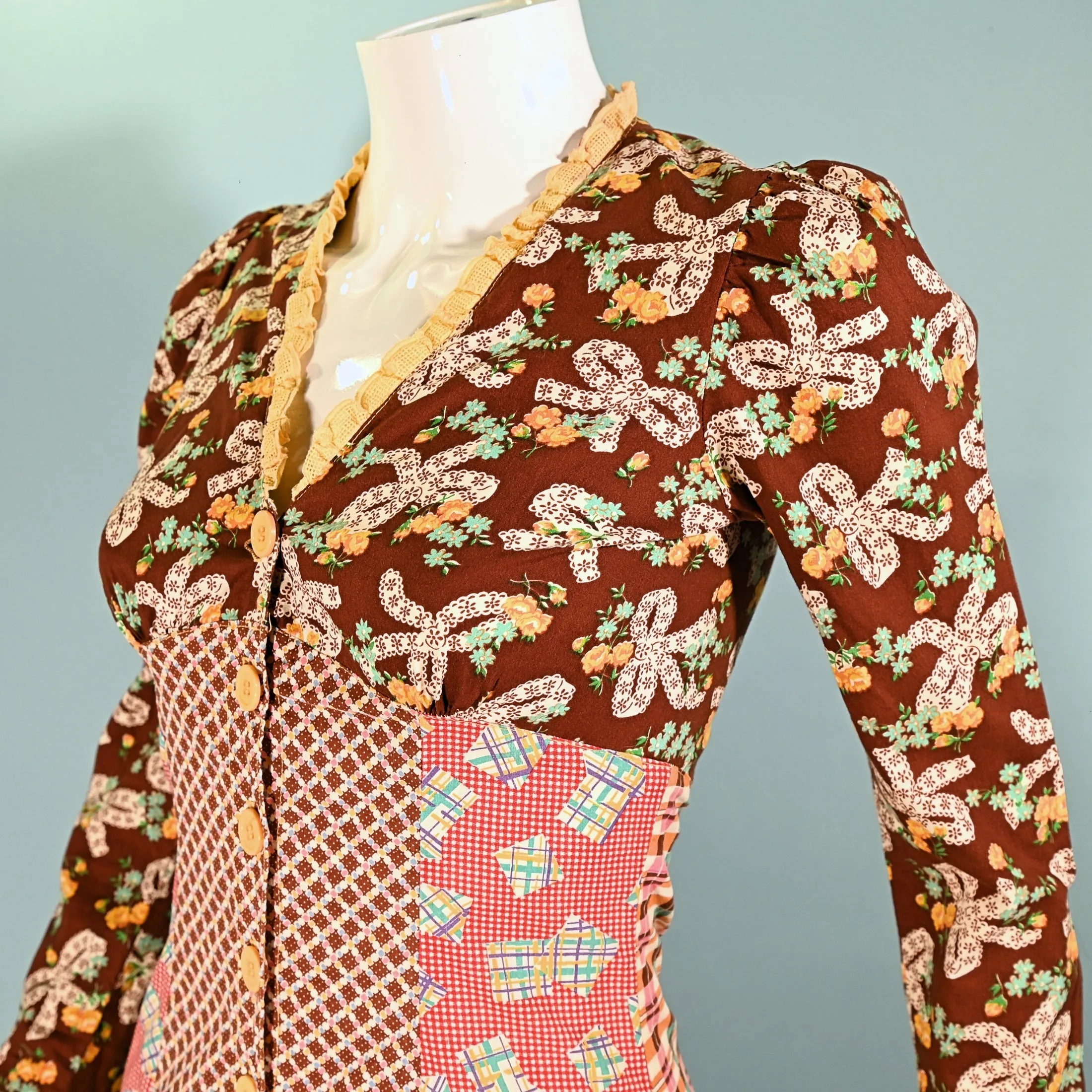 SOLD RARE 70s Betsey Johnson Alley Cat Dress, Whimsical Patchwork Midi XS