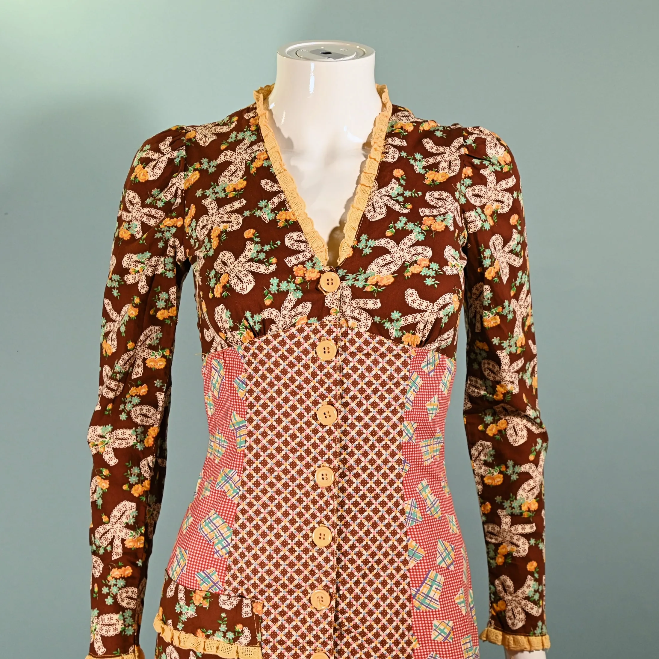 SOLD RARE 70s Betsey Johnson Alley Cat Dress, Whimsical Patchwork Midi XS