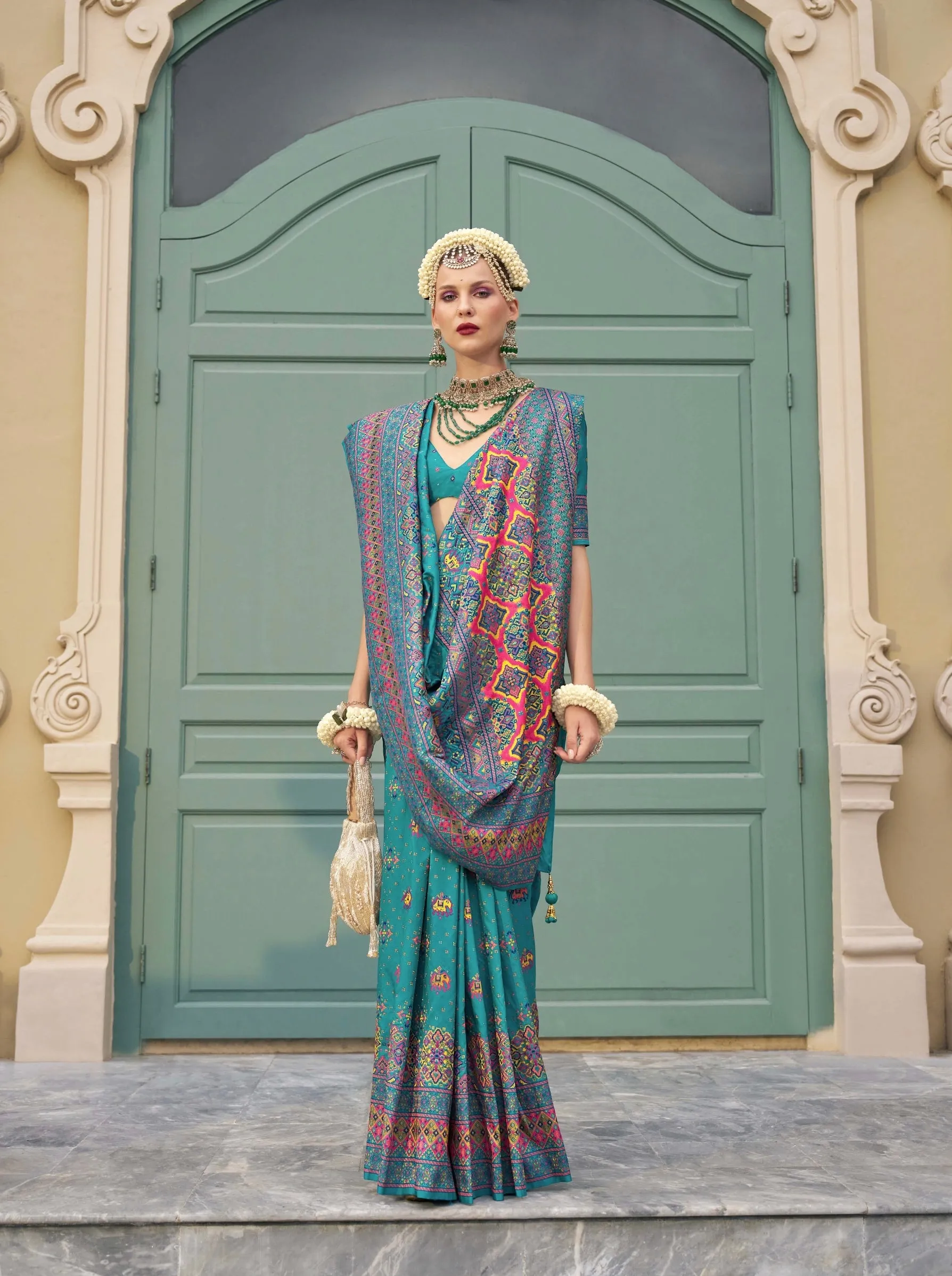 Teal Banarasi Silk Saree with Kashmiri Weaving and Meenakari Work