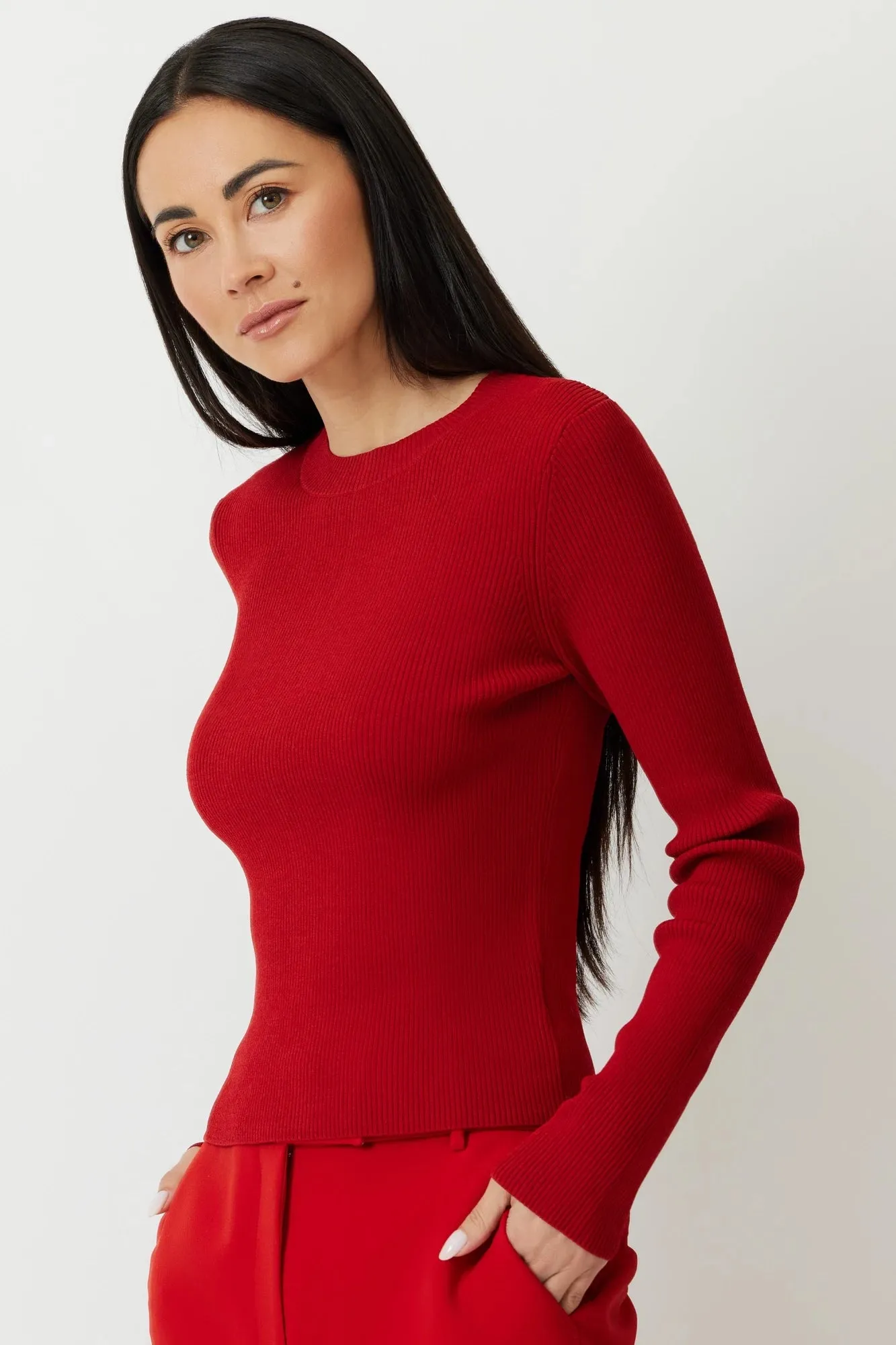 The Gregory - Lipstick Red Long Sleeve Ribbed Knit Top