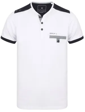 Trilude Open Henley Neck Cotton T-Shirt with Chest Pocket In Optic White - Dissident