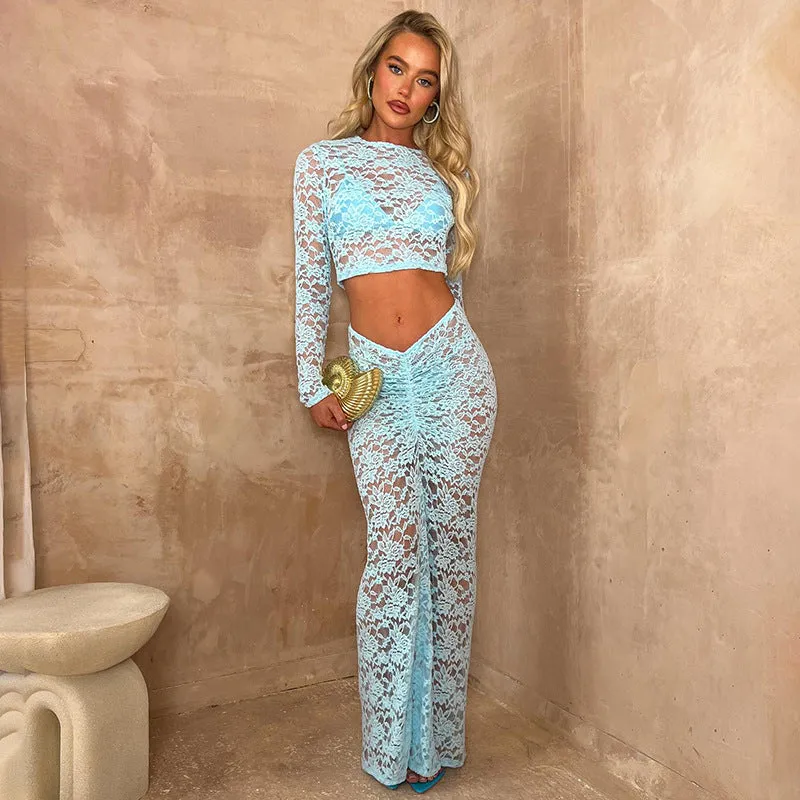 Two Piece Lace Long Sleeve Maxi Dress Beach Cover