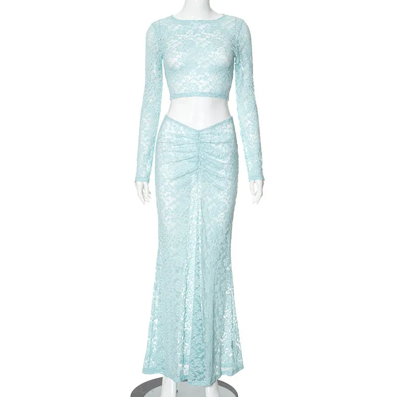Two Piece Lace Long Sleeve Maxi Dress Beach Cover