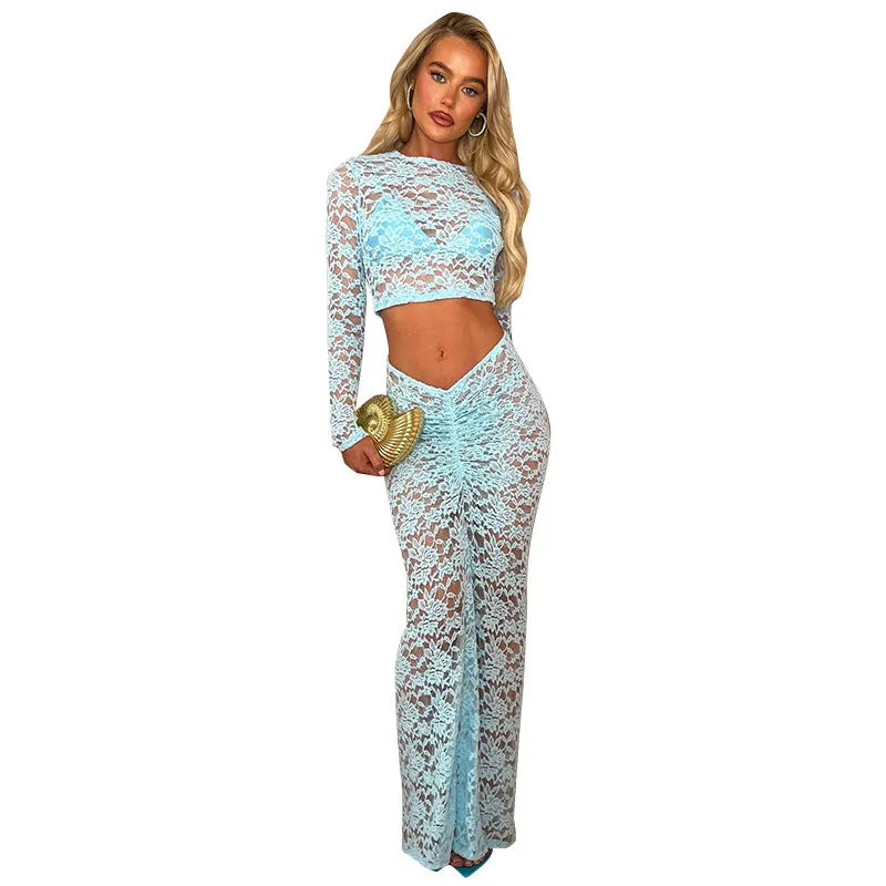 Two Piece Lace Long Sleeve Maxi Dress Beach Cover