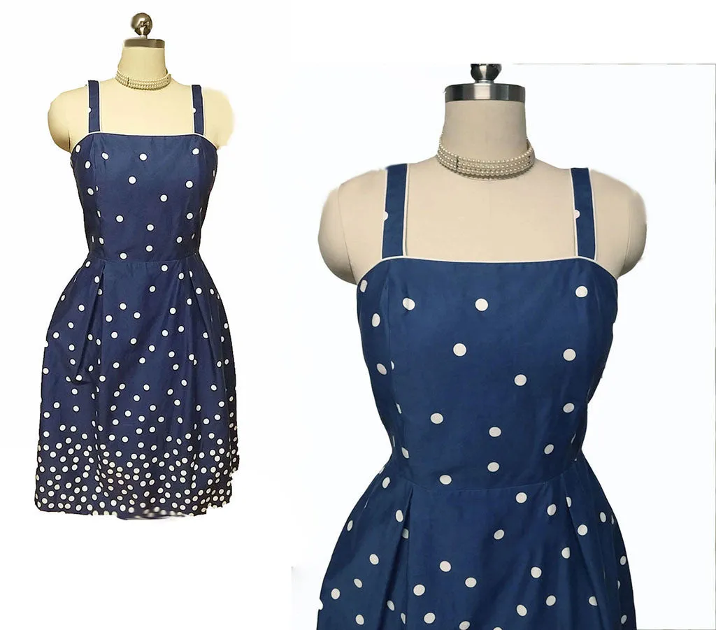 *VINTAGE LATE 80s / 90s R & K ORIGINALS NAVY & WHITE DOT SUN DRESS