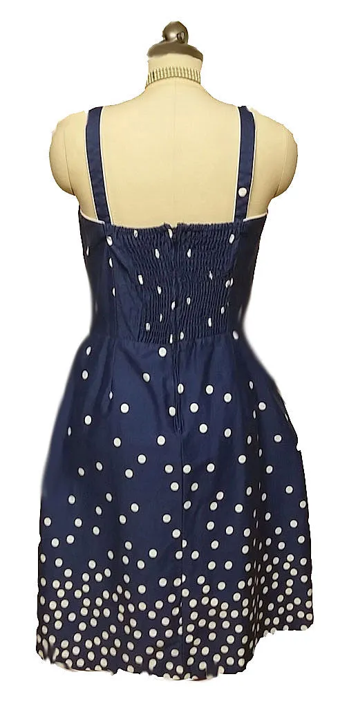 *VINTAGE LATE 80s / 90s R & K ORIGINALS NAVY & WHITE DOT SUN DRESS