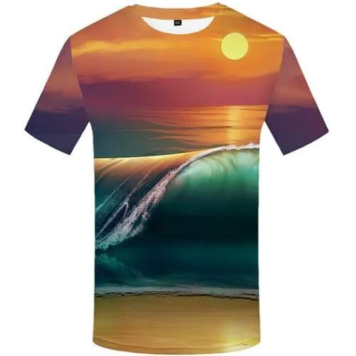 Wave T-shirt Men Moon Tshirt Printed Ocean T shirts Funny Harajuku Tshirts Novelty Colorful Tshirts Casual Short Sleeve T shirts